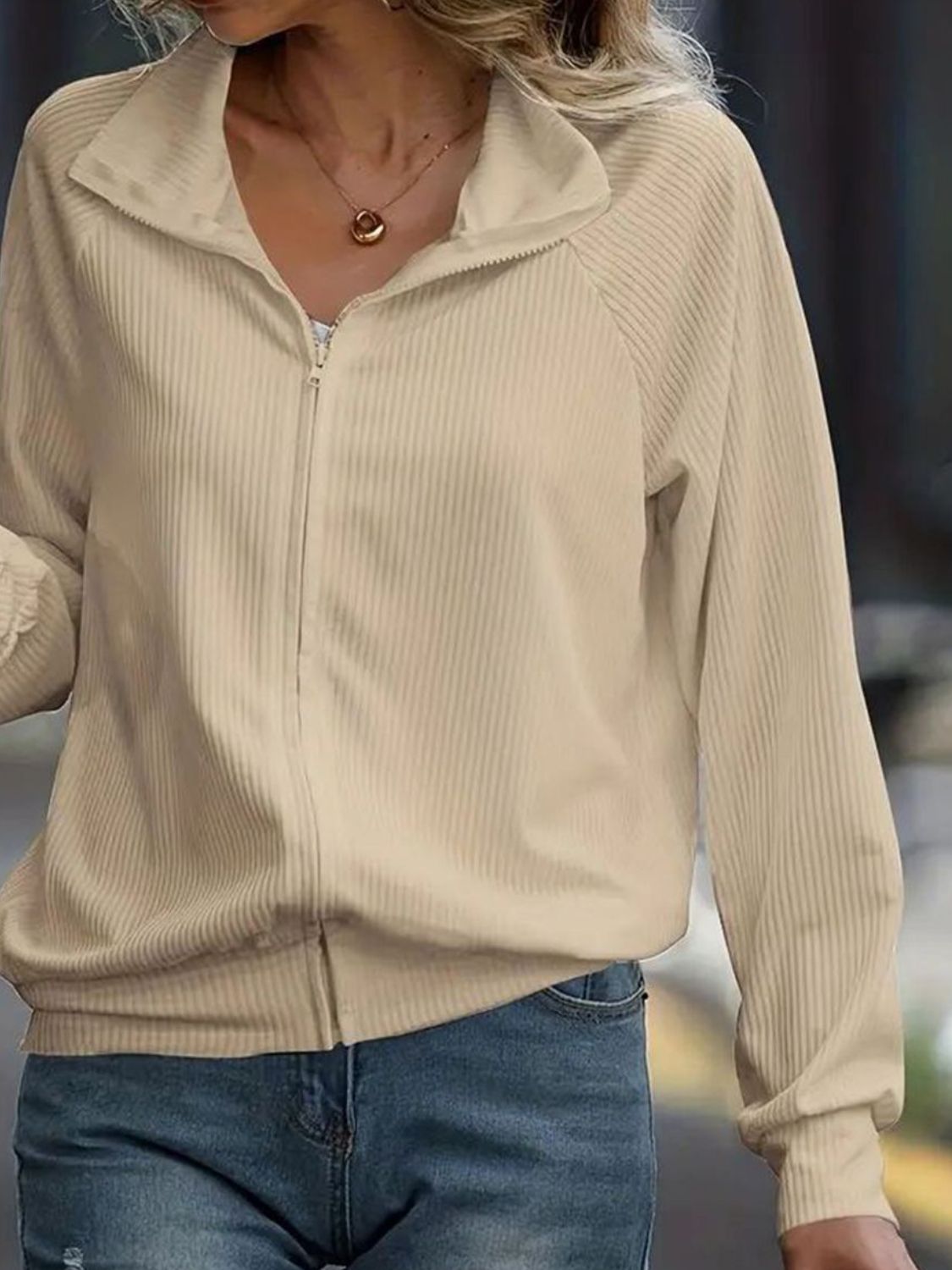 Zip Up Collared Neck Raglan Sleeve Jacket-Angel Casuals