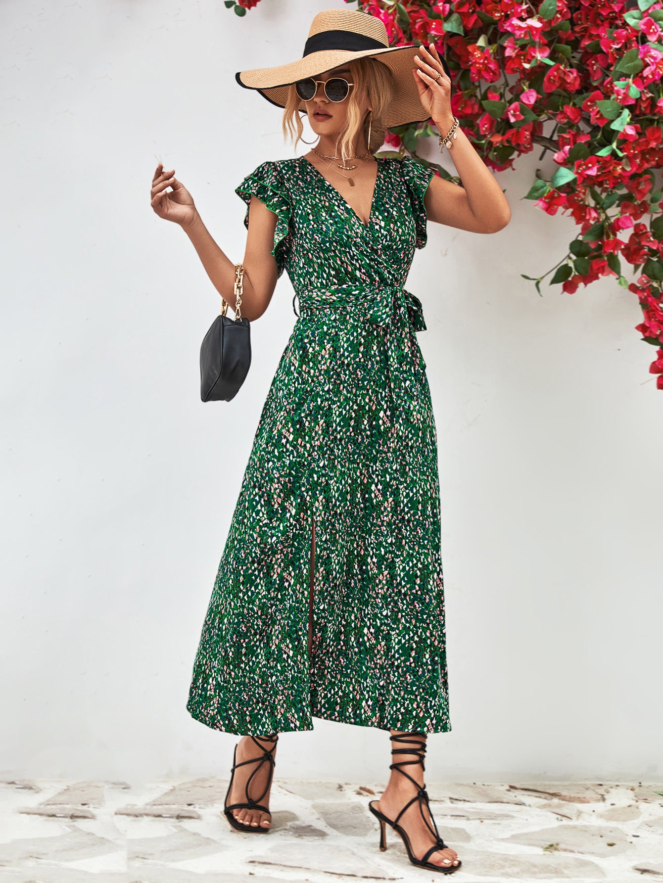 Printed Surplice Neck Flutter Sleeve Slit Dress-Angel Casuals