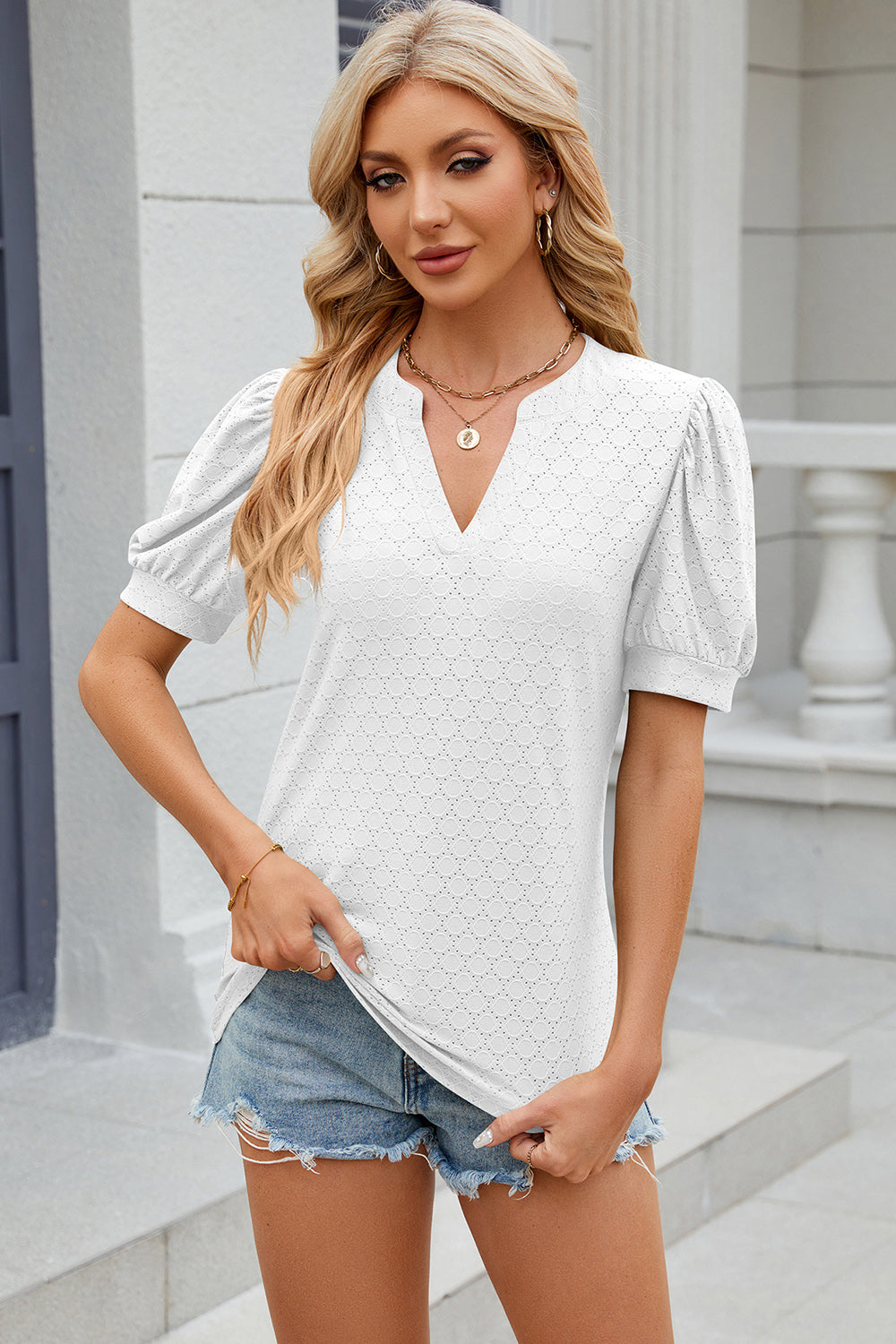 Eyelet Notched Puff Sleeve T-Shirt-Angel Casuals
