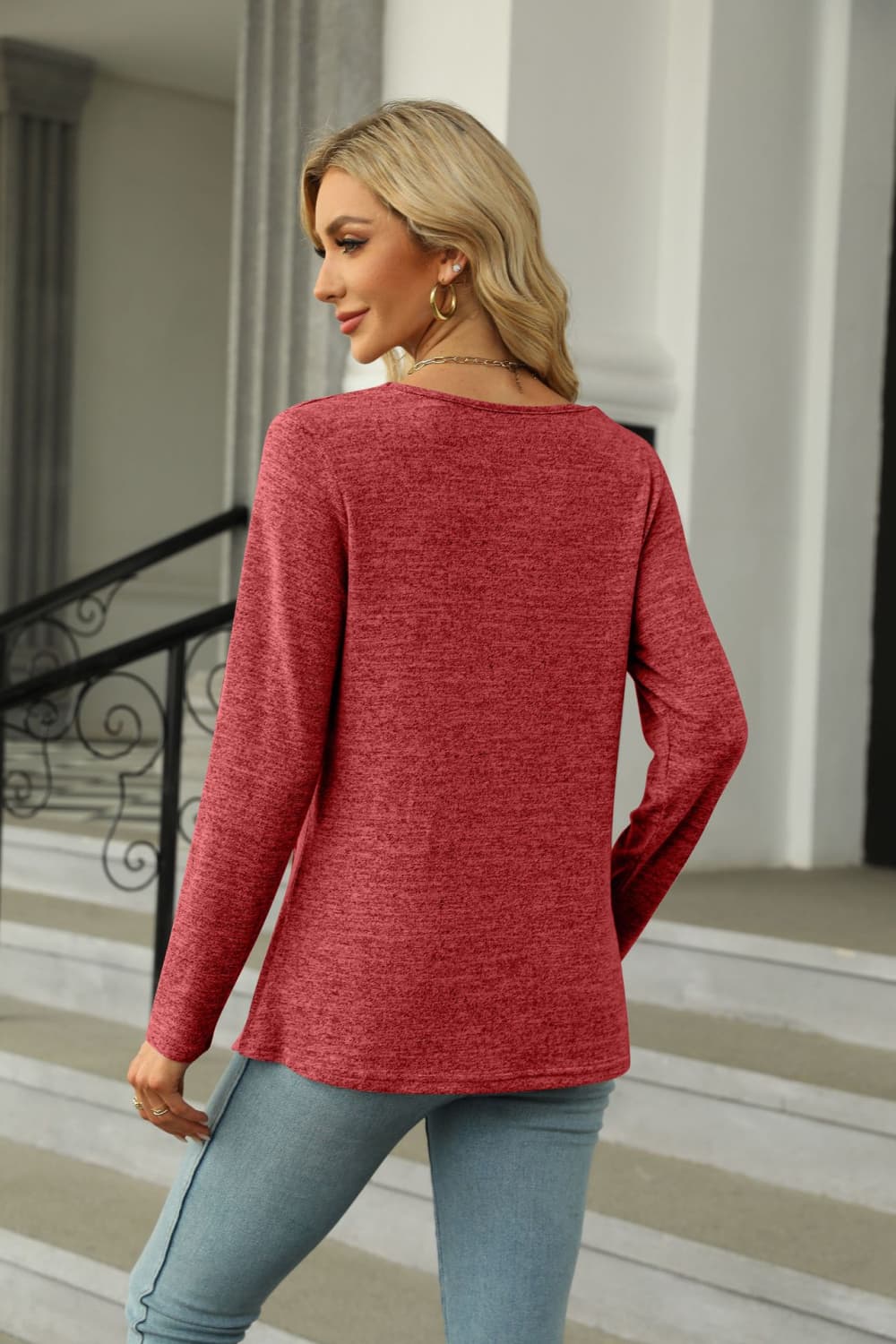 Square Neck Long Sleeve Slit T-Shirt-Angel Casuals