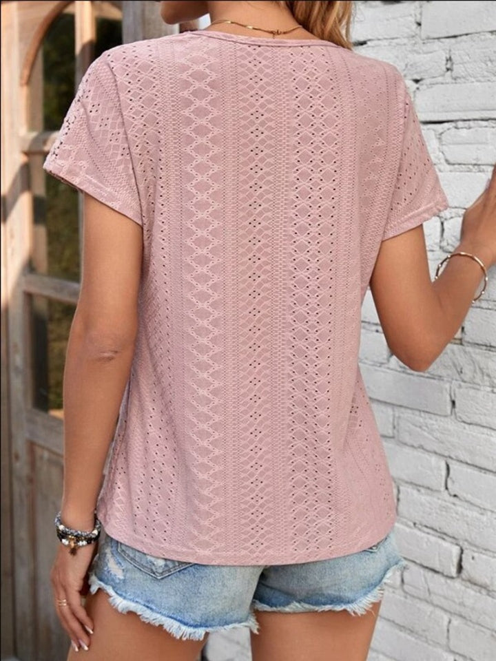 Eyelet V-Neck Short Sleeve T-Shirt-Angel Casuals