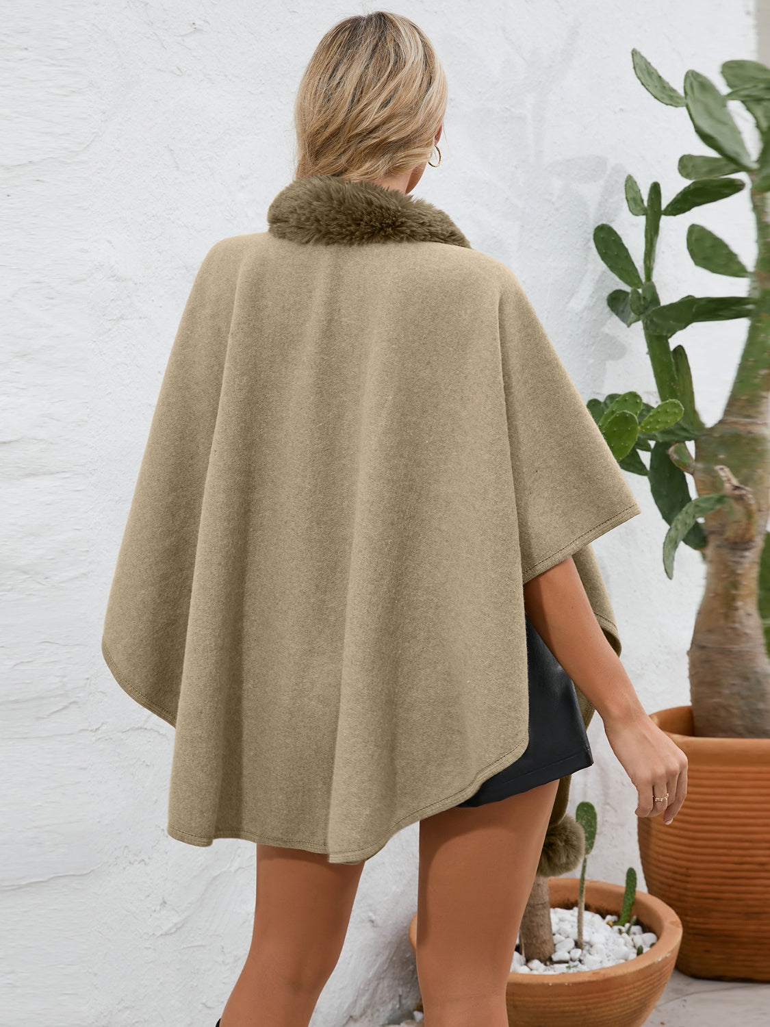Fuzzy Trim Open Front Poncho-Angel Casuals