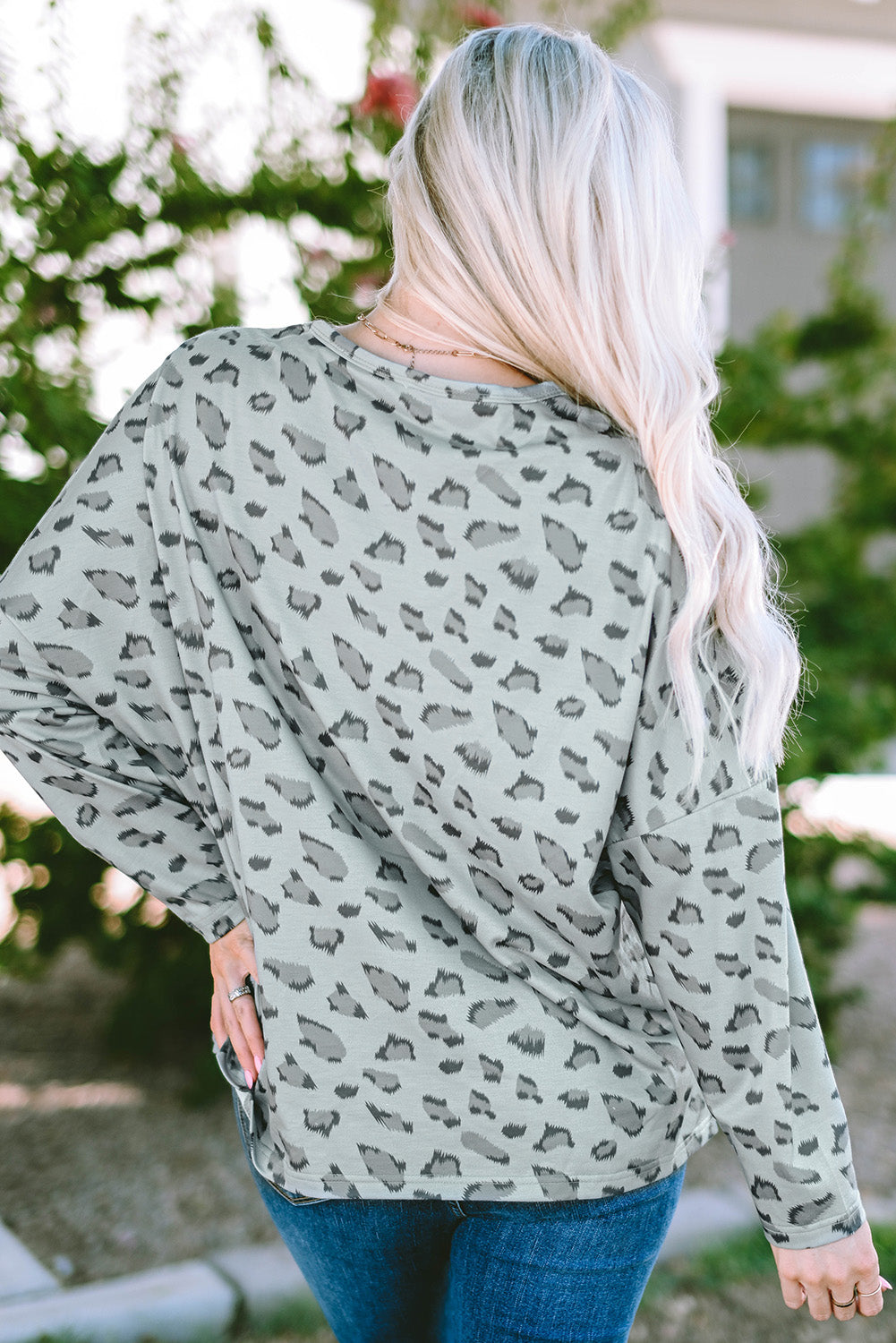 Leopard Round Neck Long Sleeve T-Shirt-Angel Casuals