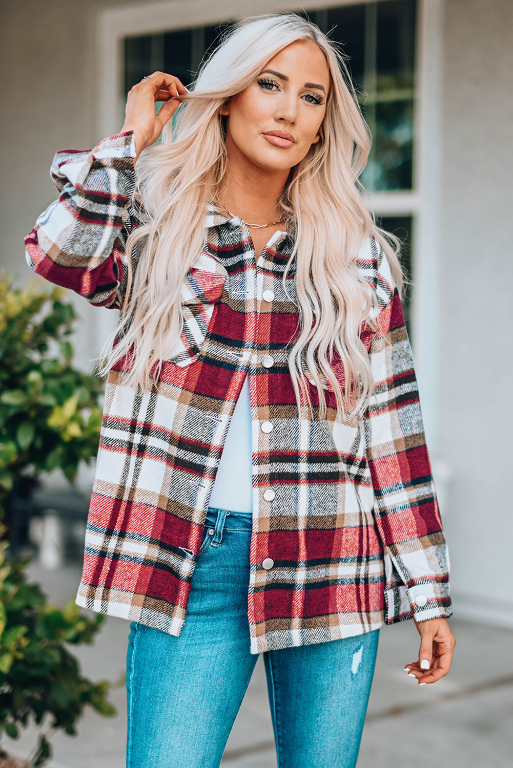 Double Take Plaid Button Front Shirt Jacket with Breast Pockets-Angel Casuals