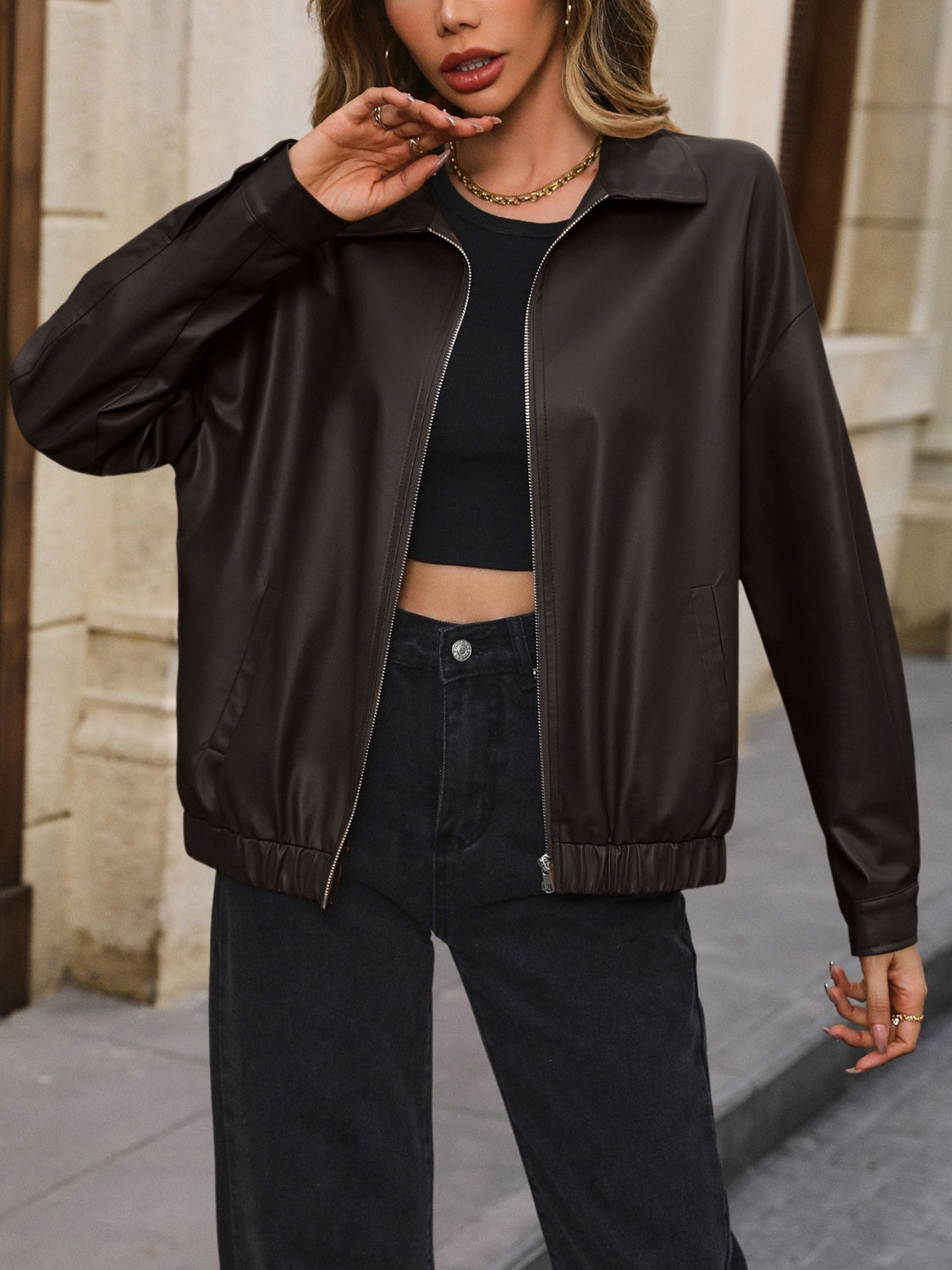 Ivy Lane Pocketed Zip Up Collared Neck Jacket-Angel Casuals