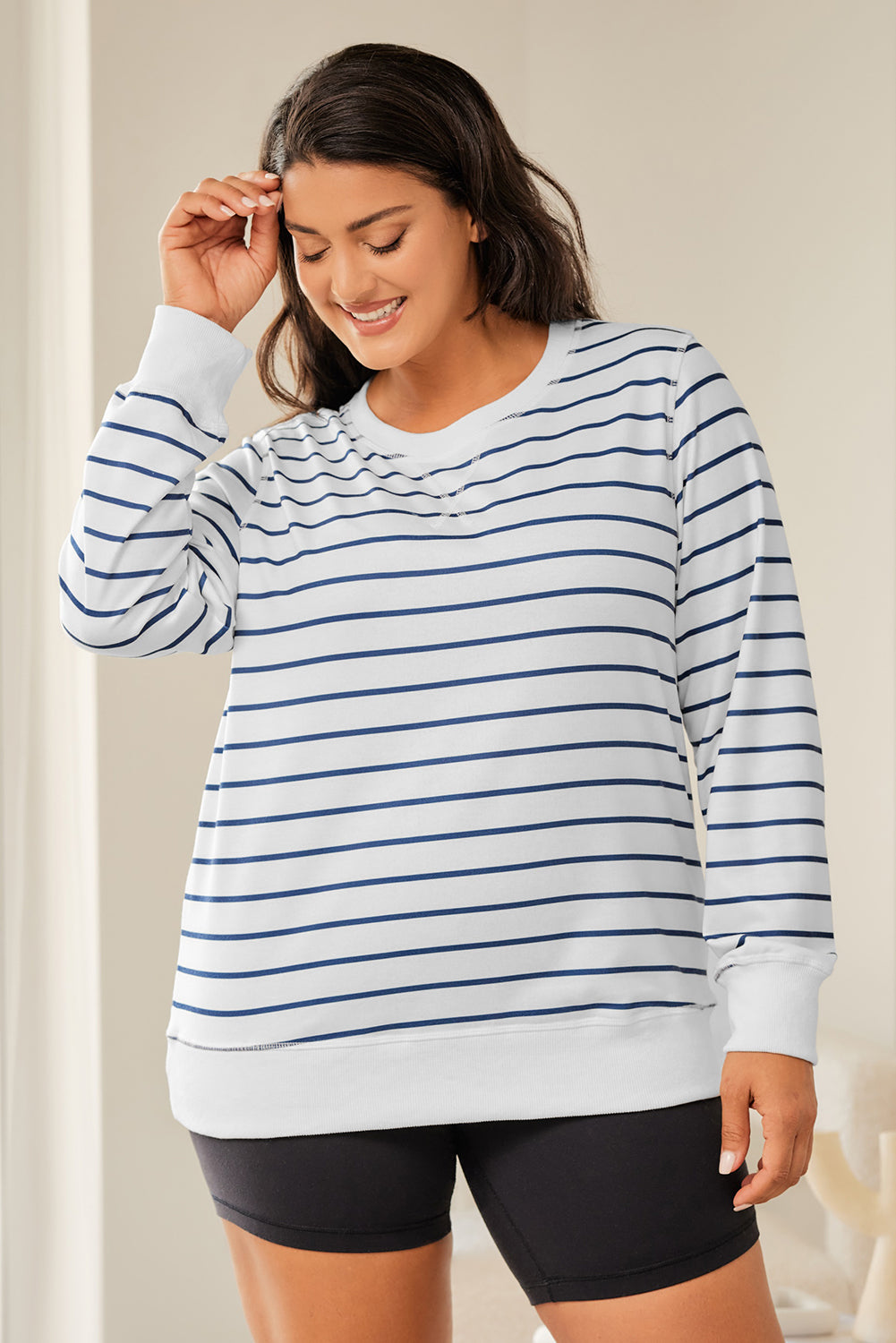 Plus Size Striped Round Neck Long Sleeve T-Shirt-Angel Casuals