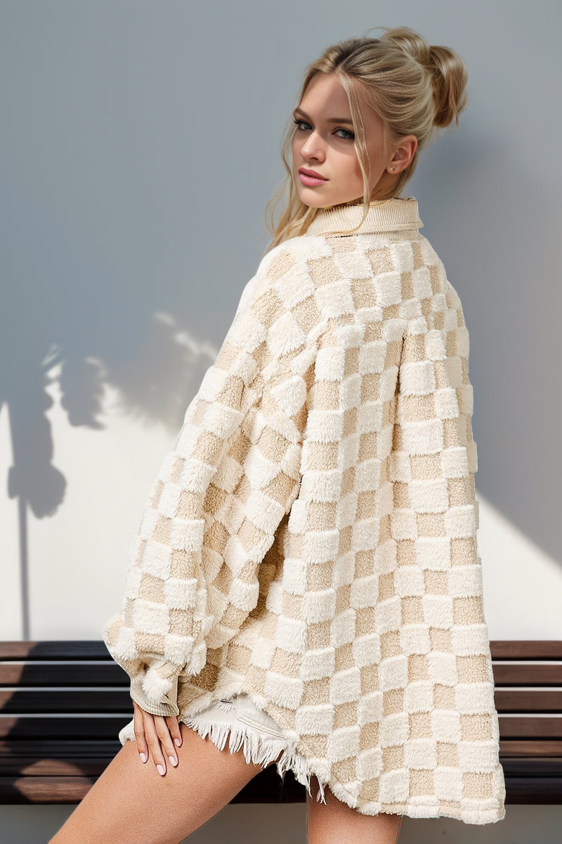 Double Take Button Up Fuzzy Checkered Shacket-Angel Casuals