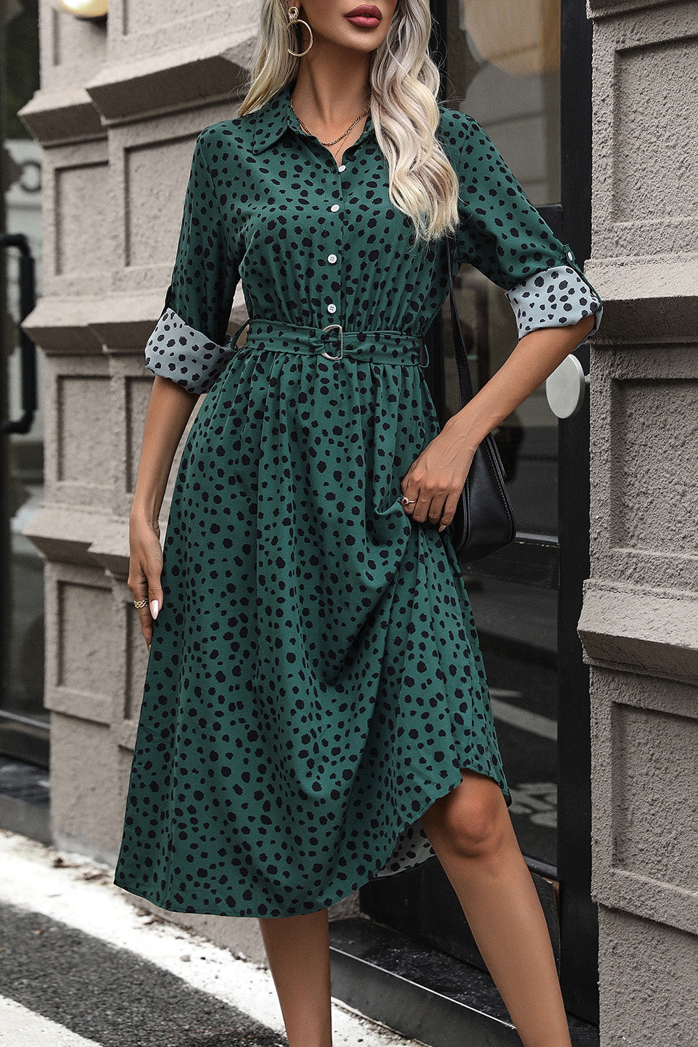 Printed Belted Long Sleeve Midi Dress-Angel Casuals