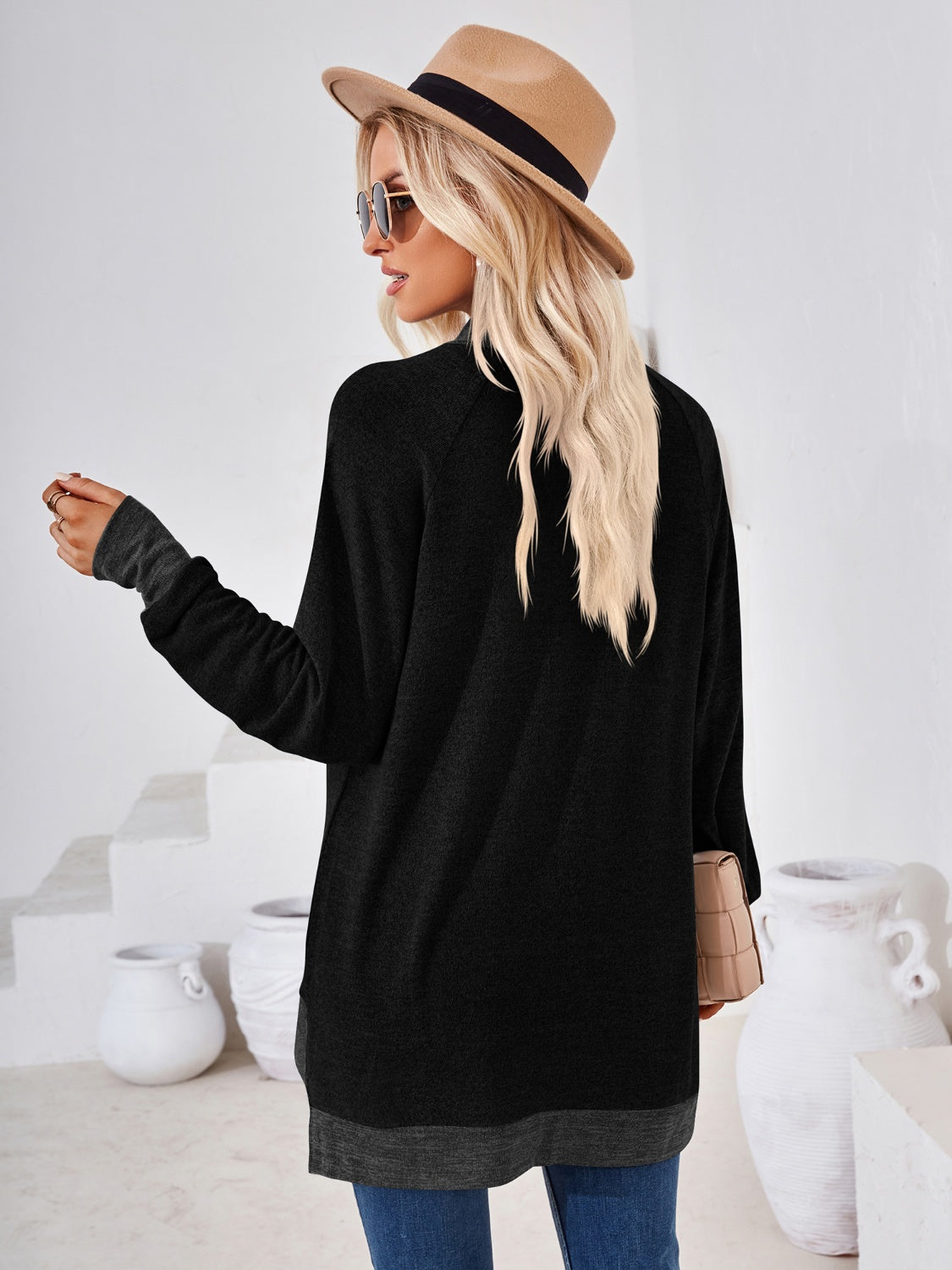 Contrast Mock Neck Long Sleeve T-Shirt-Angel Casuals