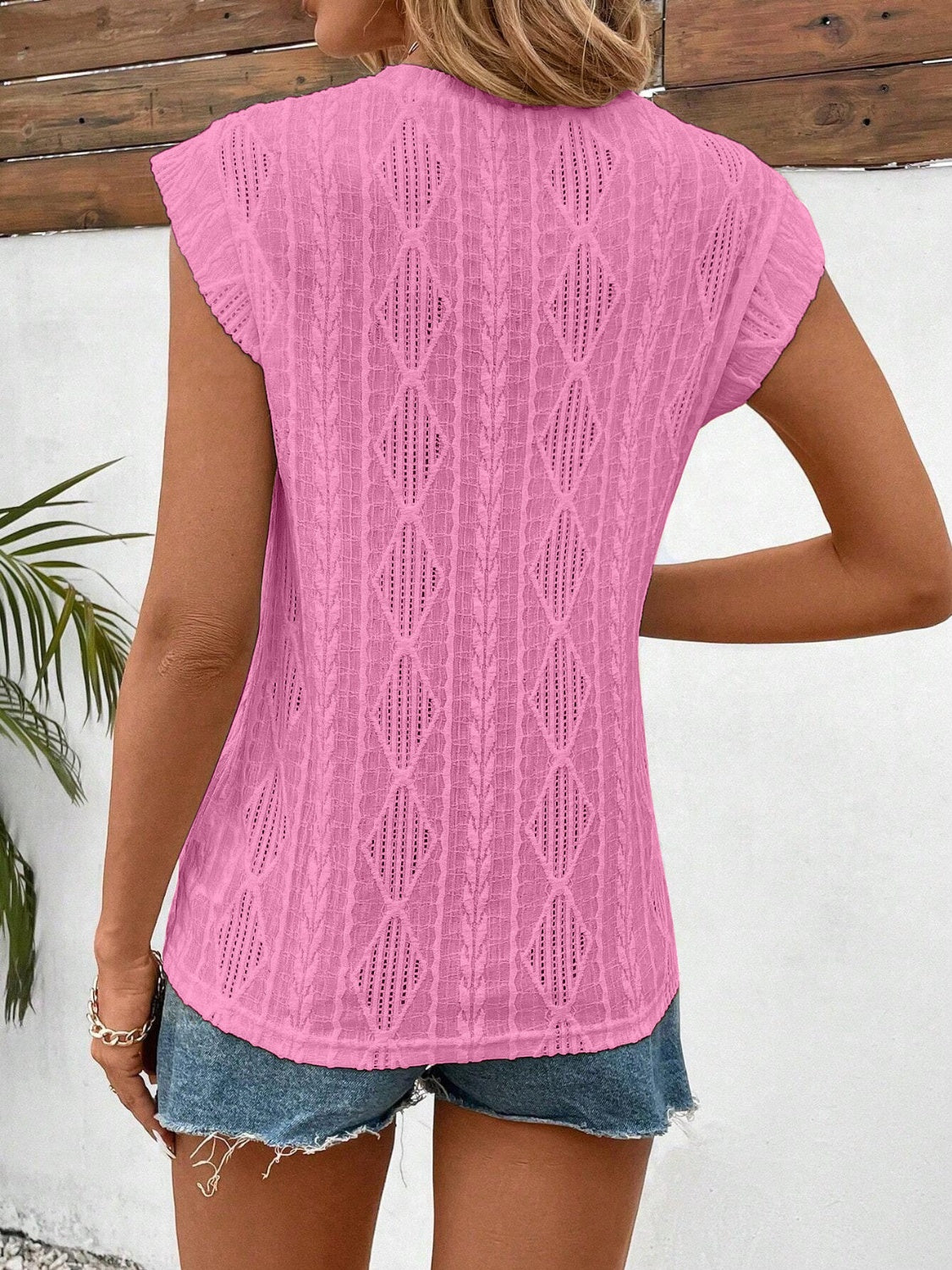 Openwork Round Neck Cap Sleeve Top-Angel Casuals