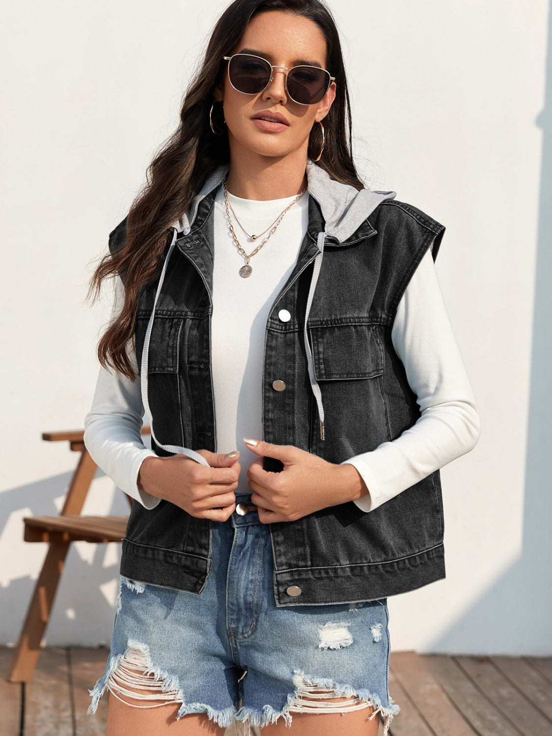 Drawstring Button Up Sleeveless Denim Jacket-Angel Casuals