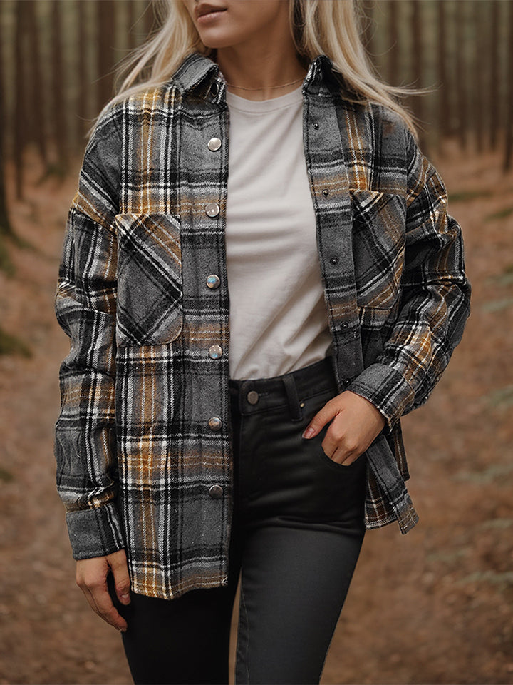 Plaid Snap Down Long Sleeve Shacket-Angel Casuals