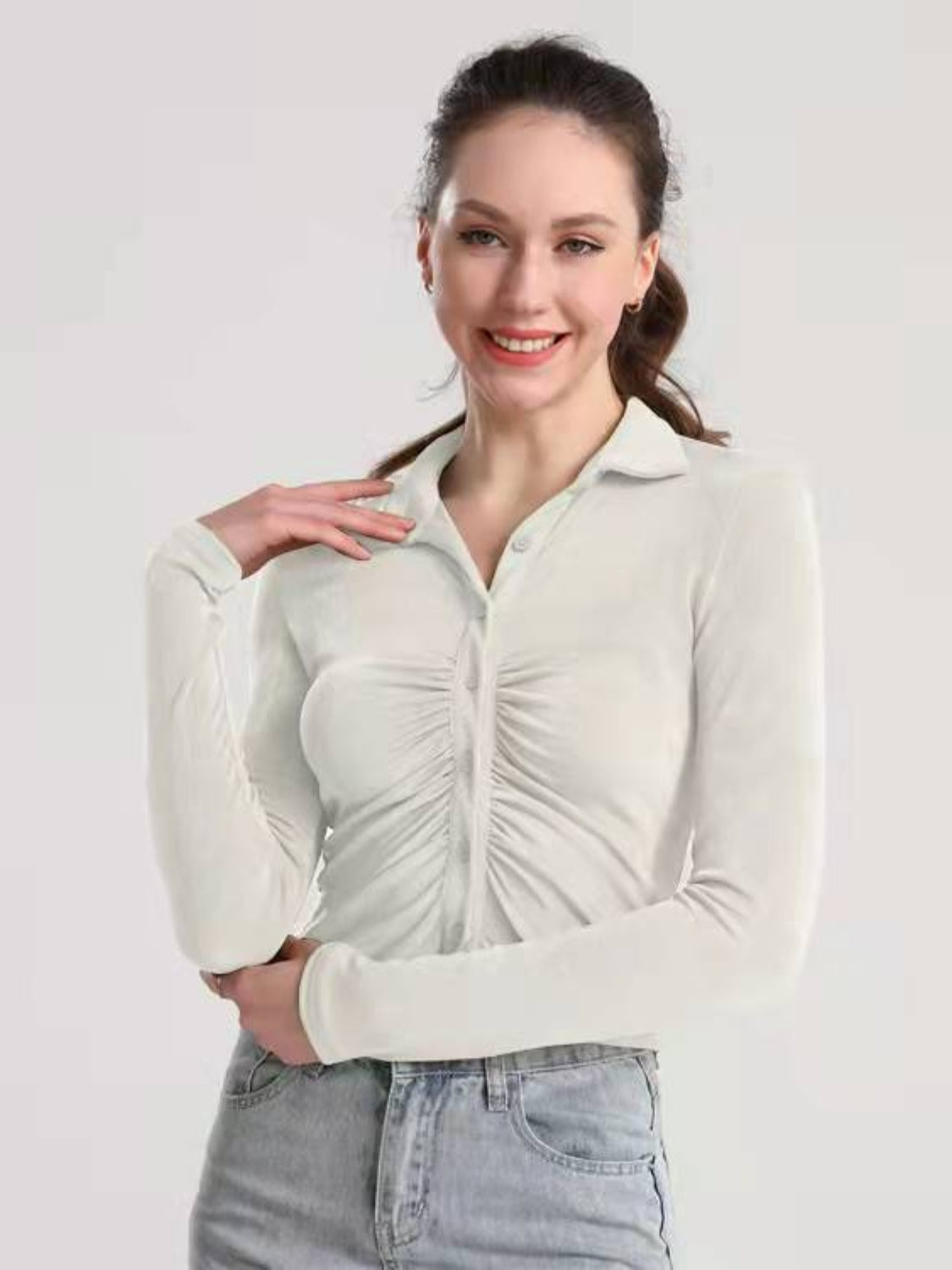 Ruched Button Up Long Sleeve T-Shirt-Angel Casuals