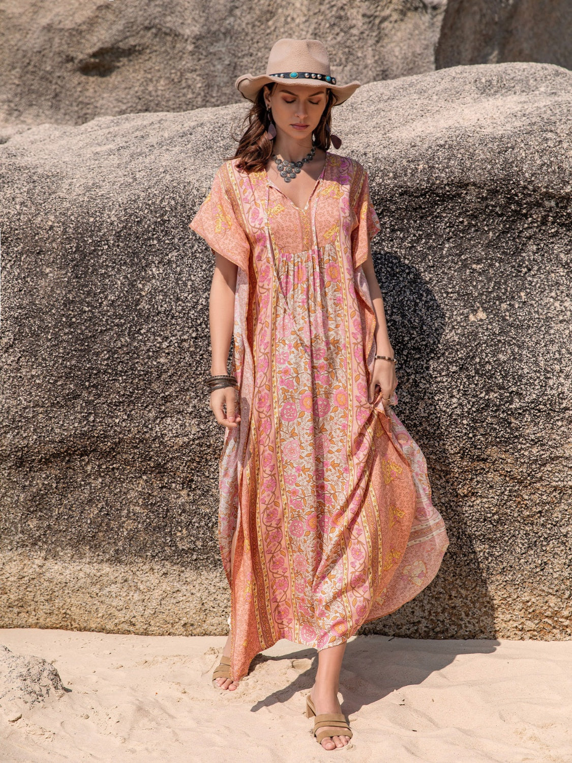 Printed Tie Neck Short Sleeve Dress-Angel Casuals