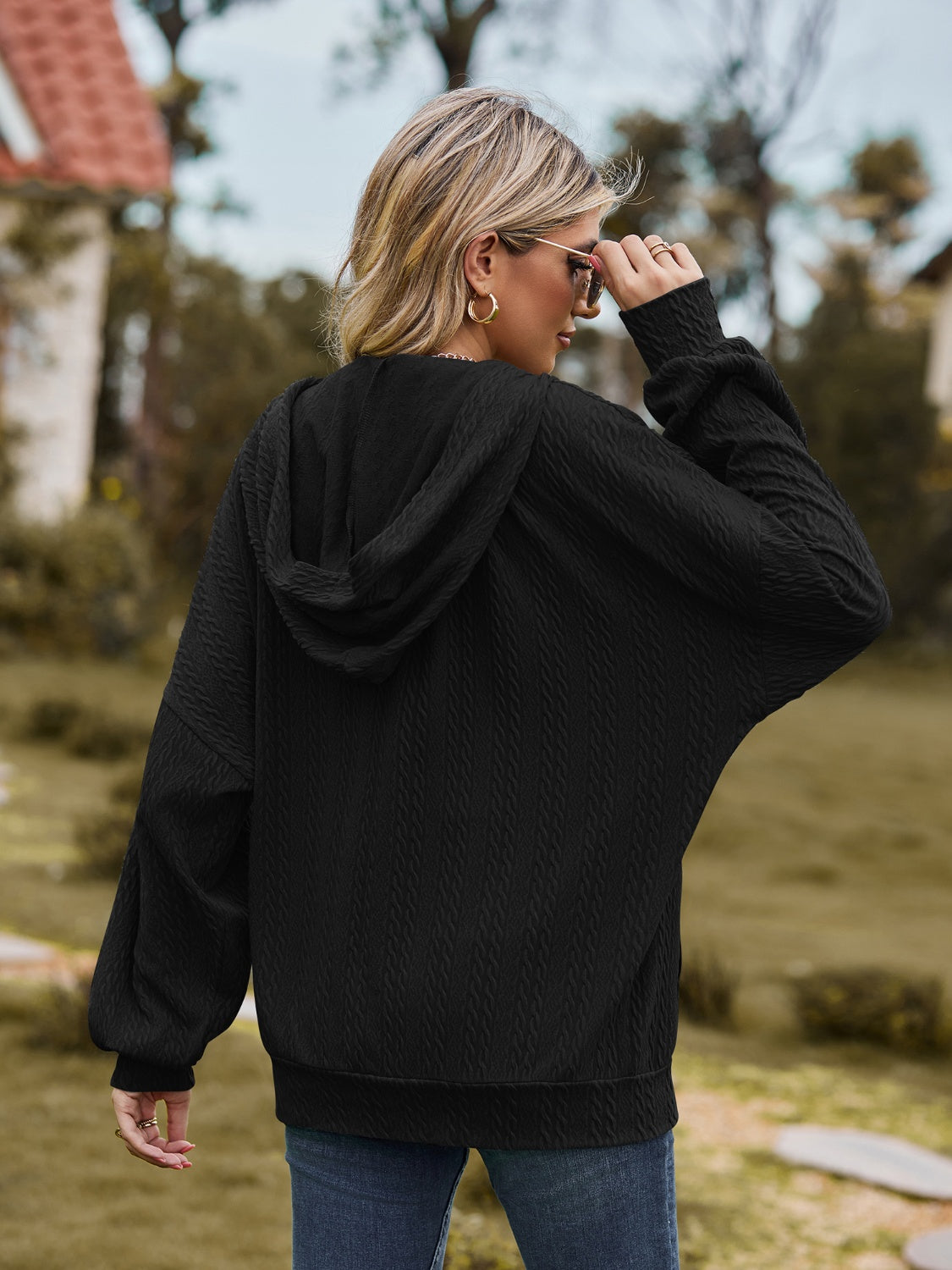 Zip Up Drawstring Long Sleeve Hooded Jacket-Angel Casuals