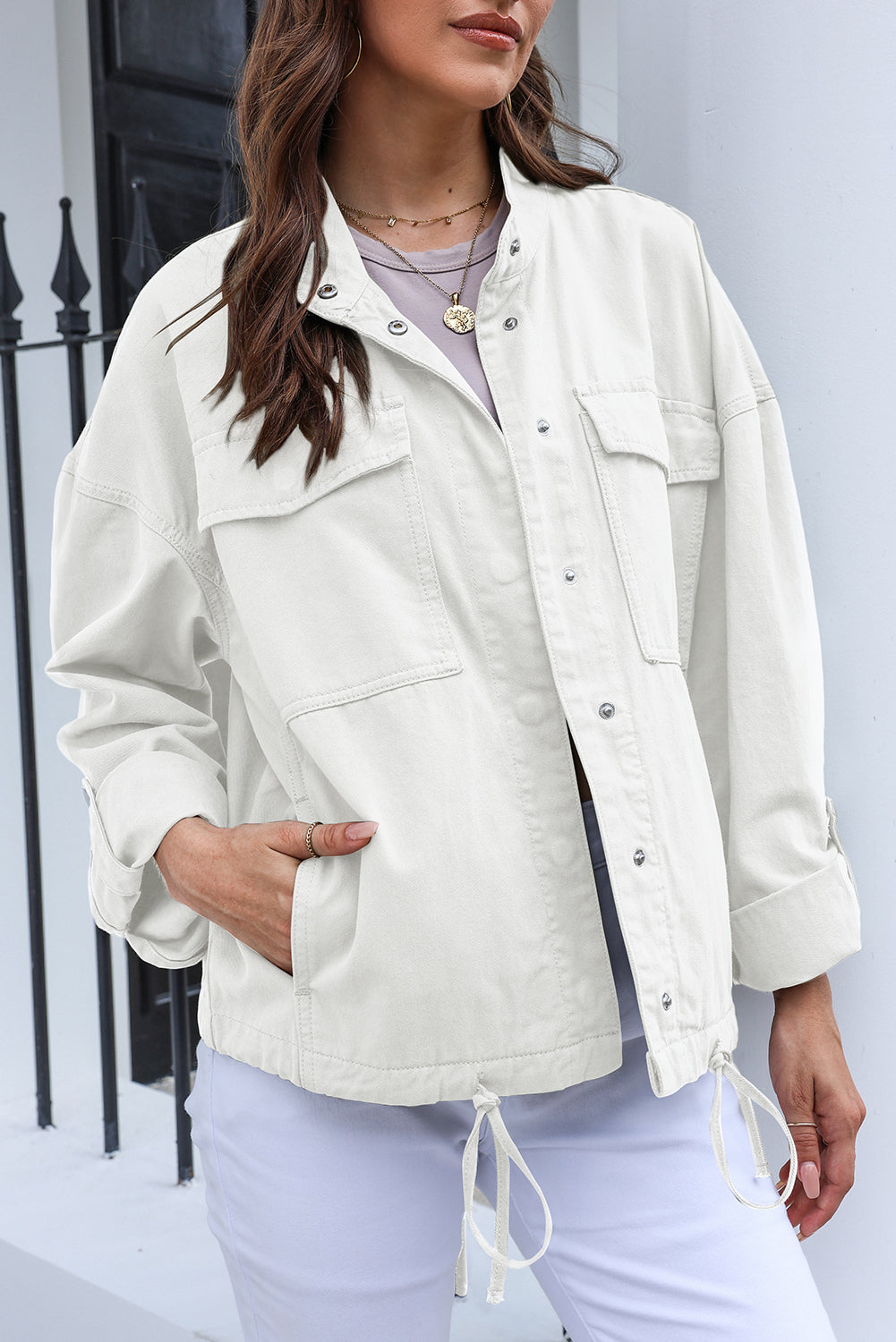 Drawstring Snap Down Dropped Shoulder Denim Jacket-Angel Casuals