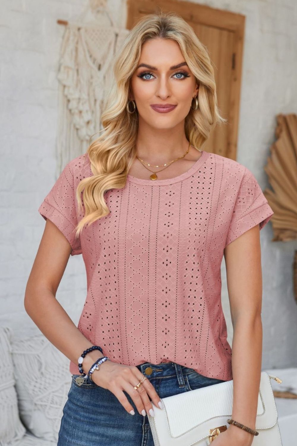 Eyelet Round Neck Rolled Short Sleeve T-Shirt-Angel Casuals
