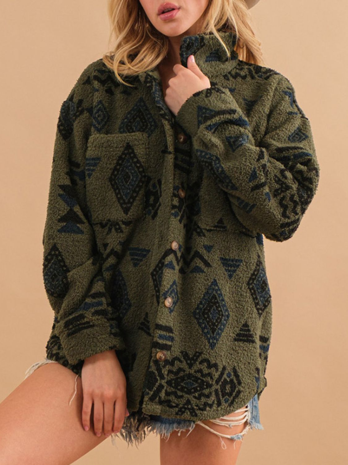 Geometric Button Up Long Sleeve Sherpa Jacket-Angel Casuals