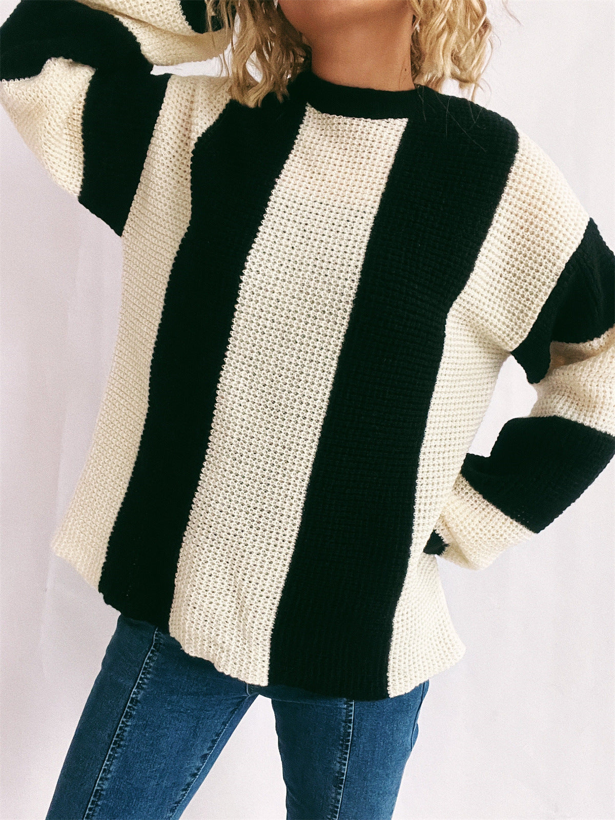 Color Block Round Neck Long Sleeve Sweater-Angel Casuals
