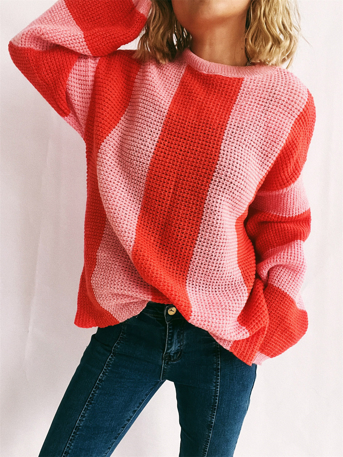 Color Block Round Neck Long Sleeve Sweater-Angel Casuals
