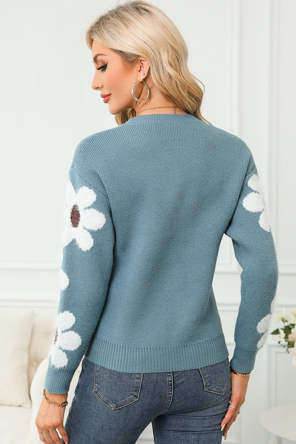 Flower Round Neck Long Sleeve Sweater-Angel Casuals