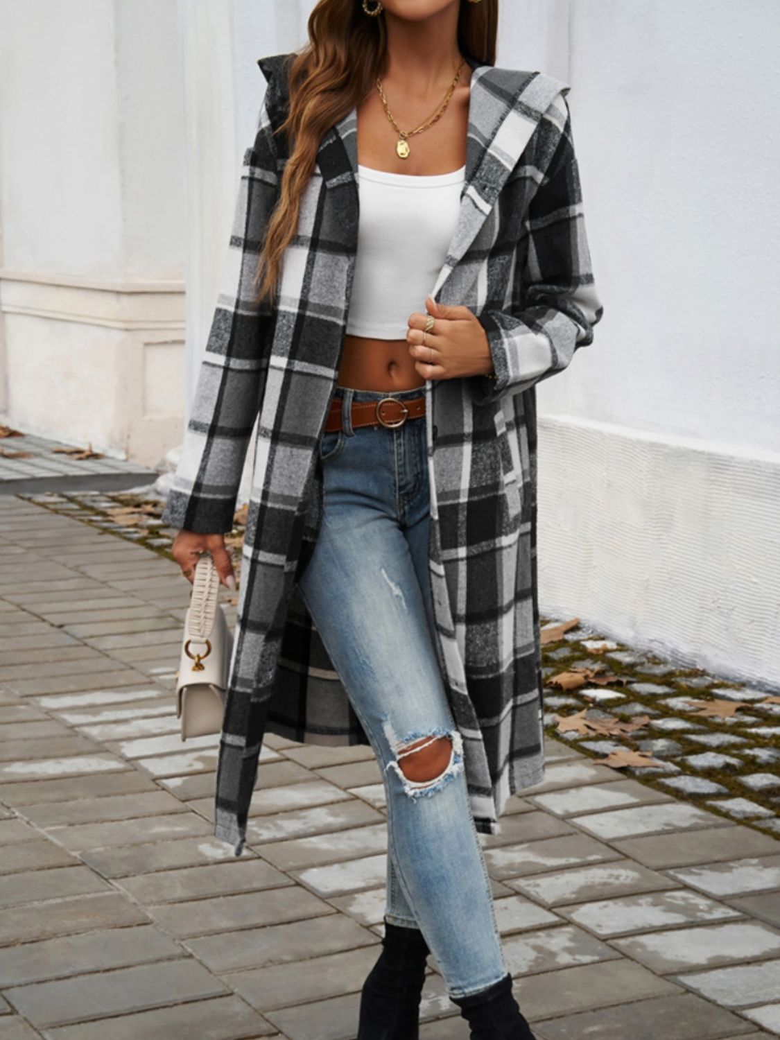 Devine Plaid Long Sleeve Hooded Coat-Angel Casuals