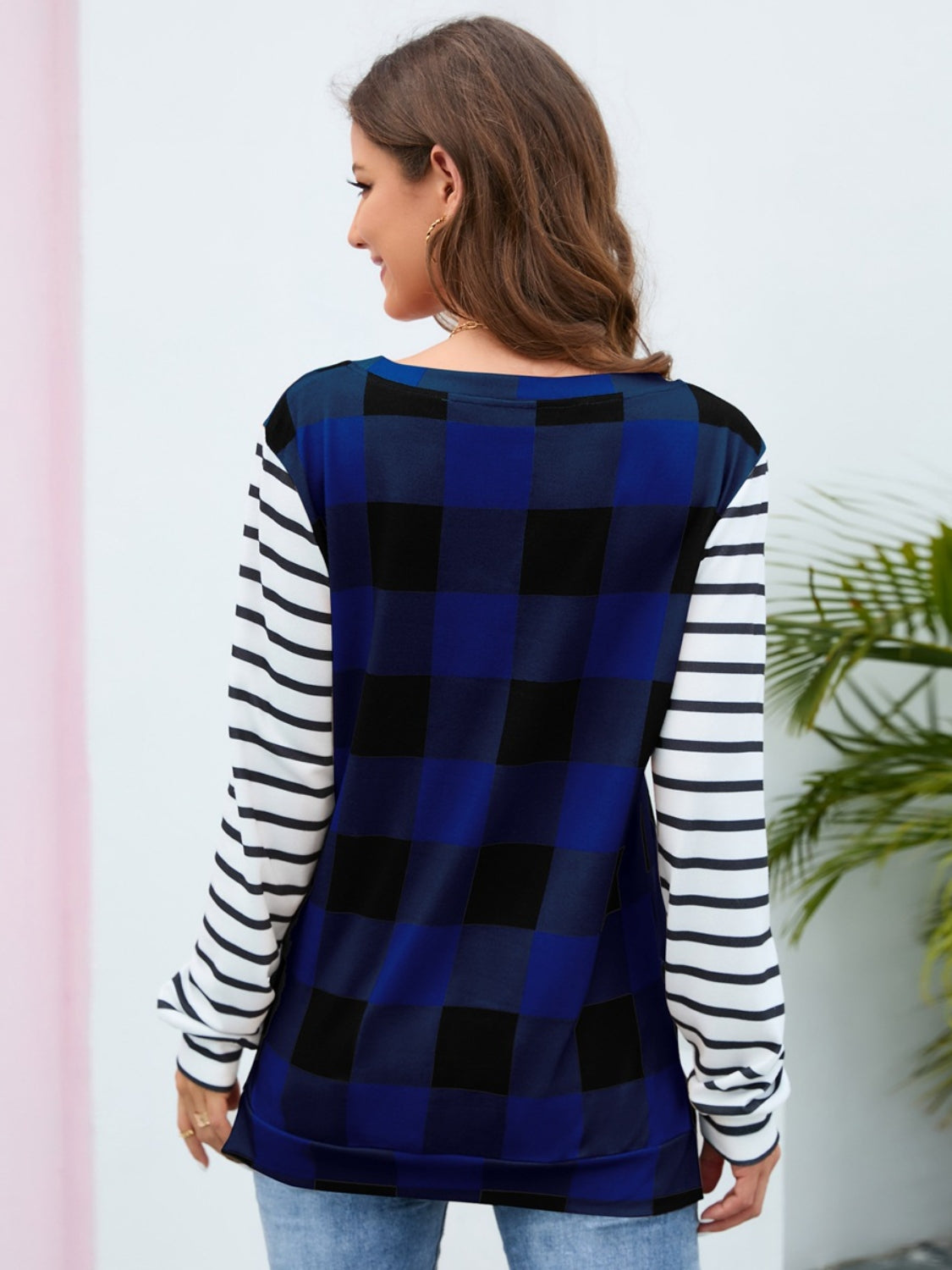 Plaid Striped Round Neck Long Sleeve T-Shirt-Angel Casuals