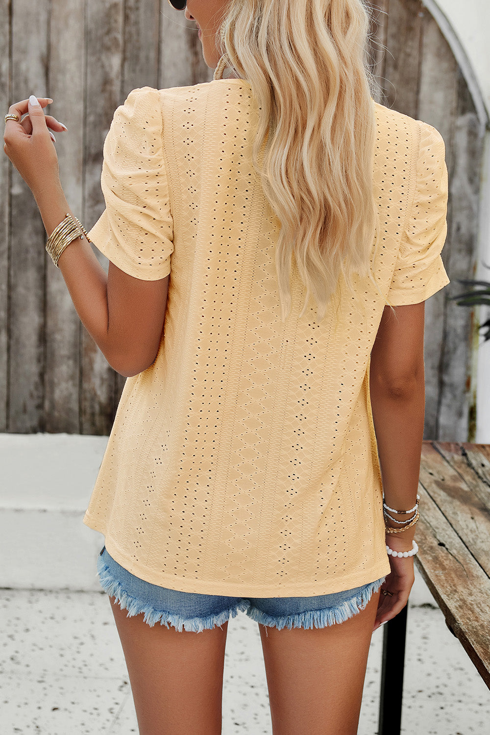 Eyelet Square Neck Puff Sleeve T-Shirt-Angel Casuals