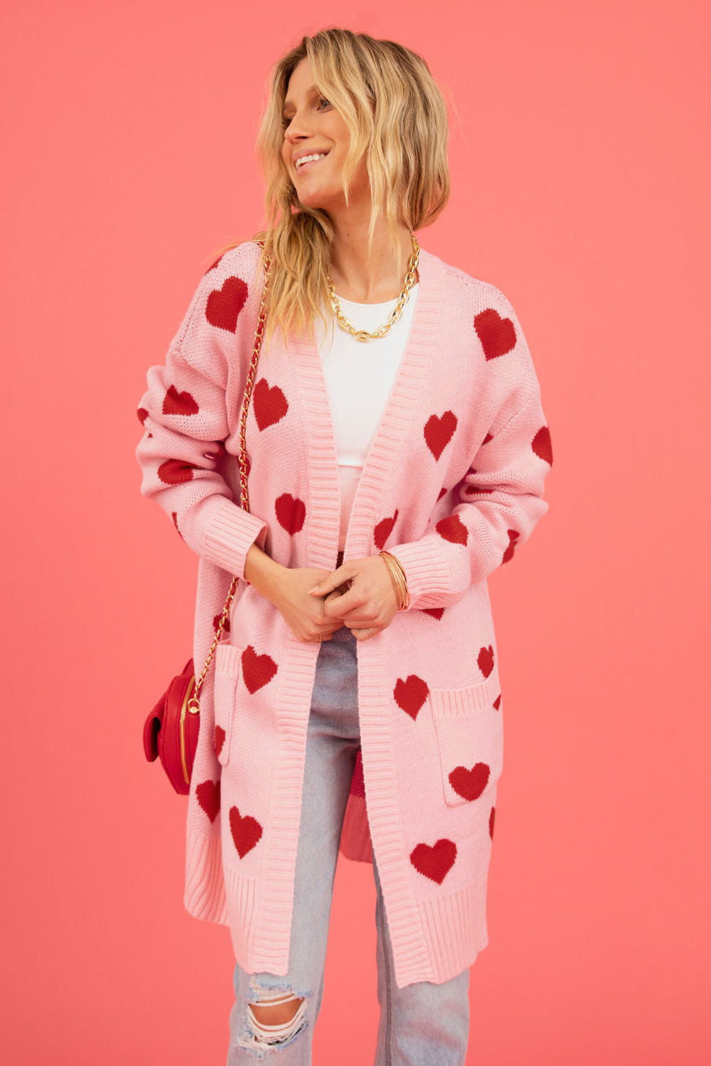 Heart Graphic Open Front Cardigan with Pockets-Angel Casuals