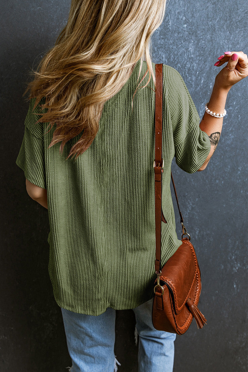 Textured V-Neck Dropped Shoulder T-Shirt-Angel Casuals
