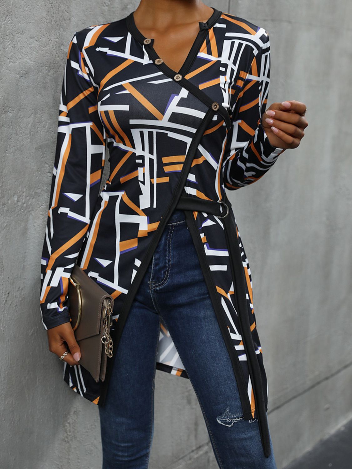 Perfee Geometric Surplice Long Sleeve T-Shirt-Angel Casuals