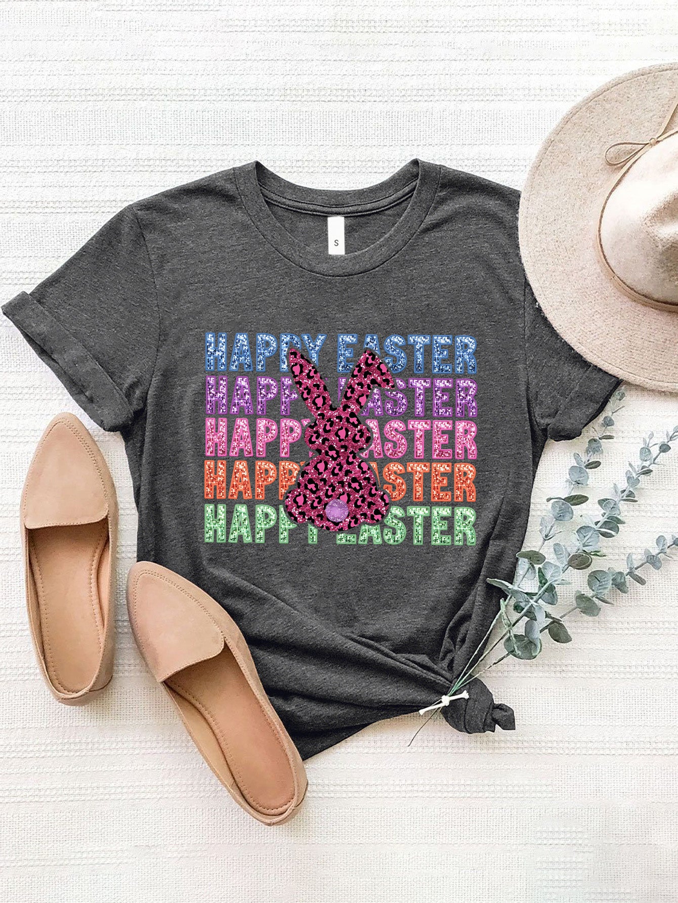 HAPPY EASTER Round Neck Short Sleeve T-Shirt-Angel Casuals