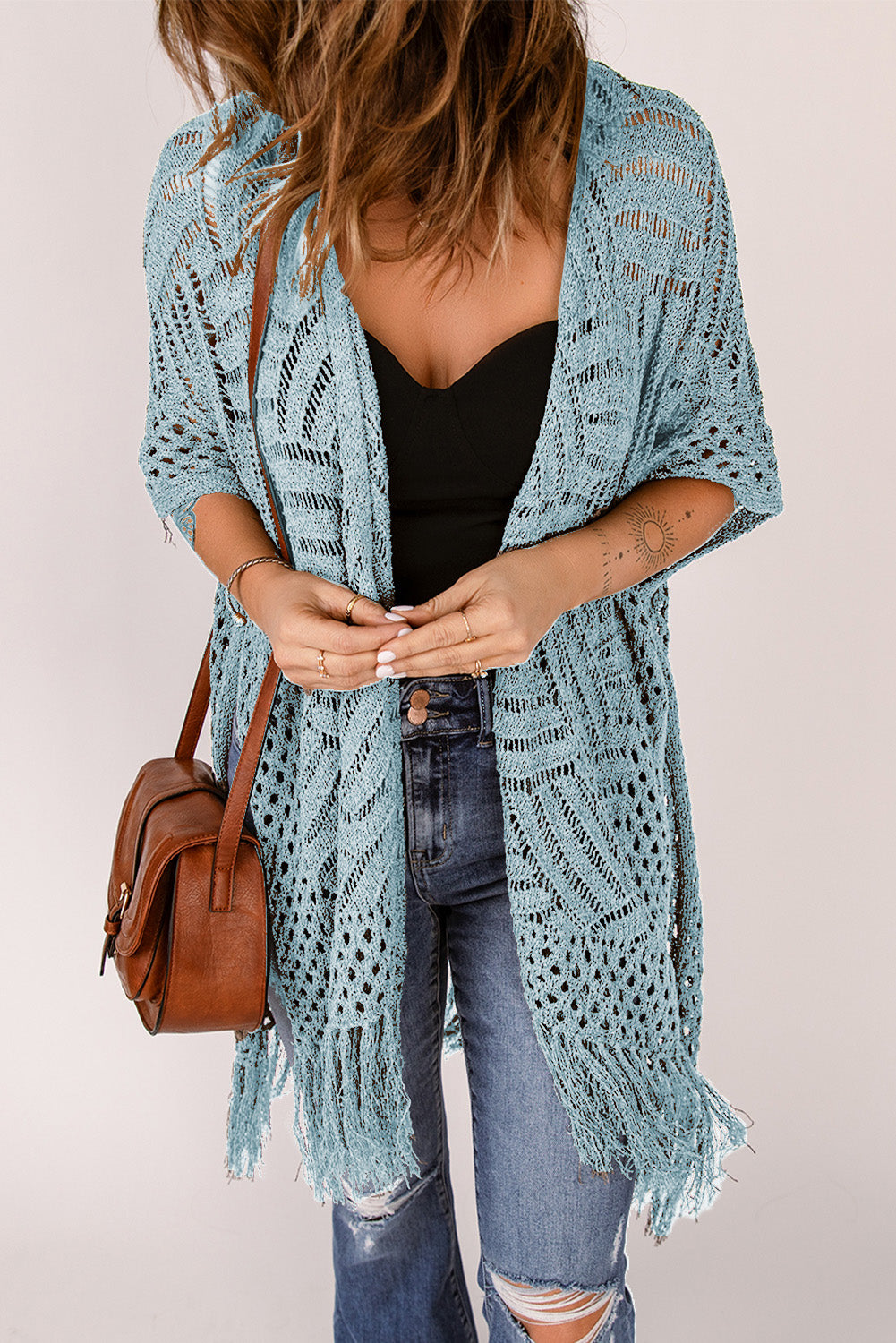 Openwork Open Front Cardigan with Fringes-Angel Casuals