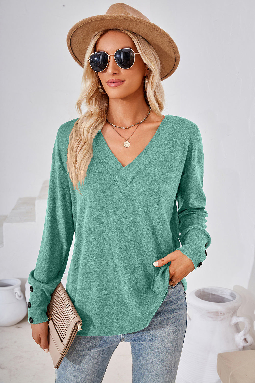 V-Neck Dropped Shoulder T-Shirt-Angel Casuals