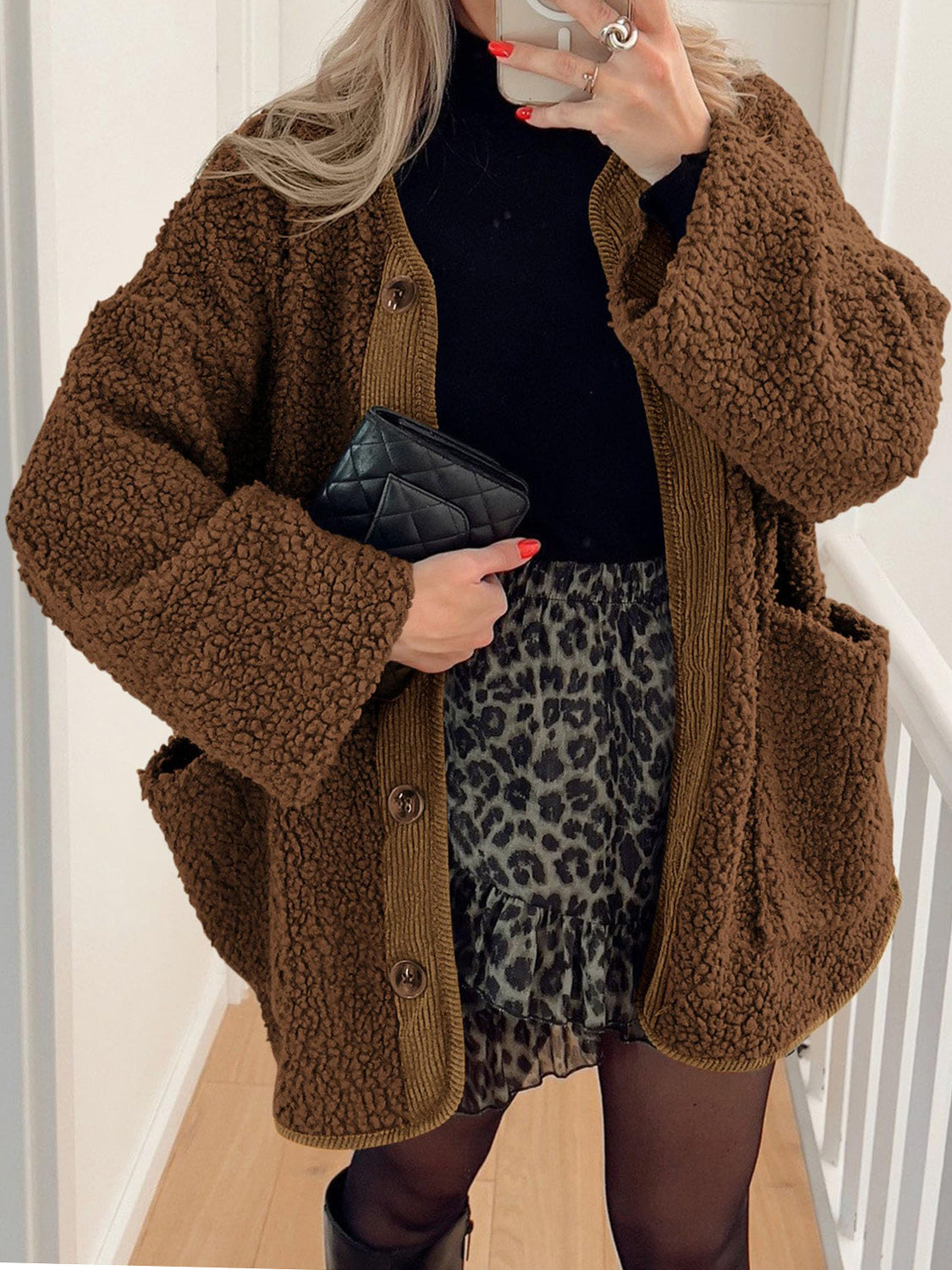 Contrast Button Up Sherpa Jacket with Pockets-Angel Casuals