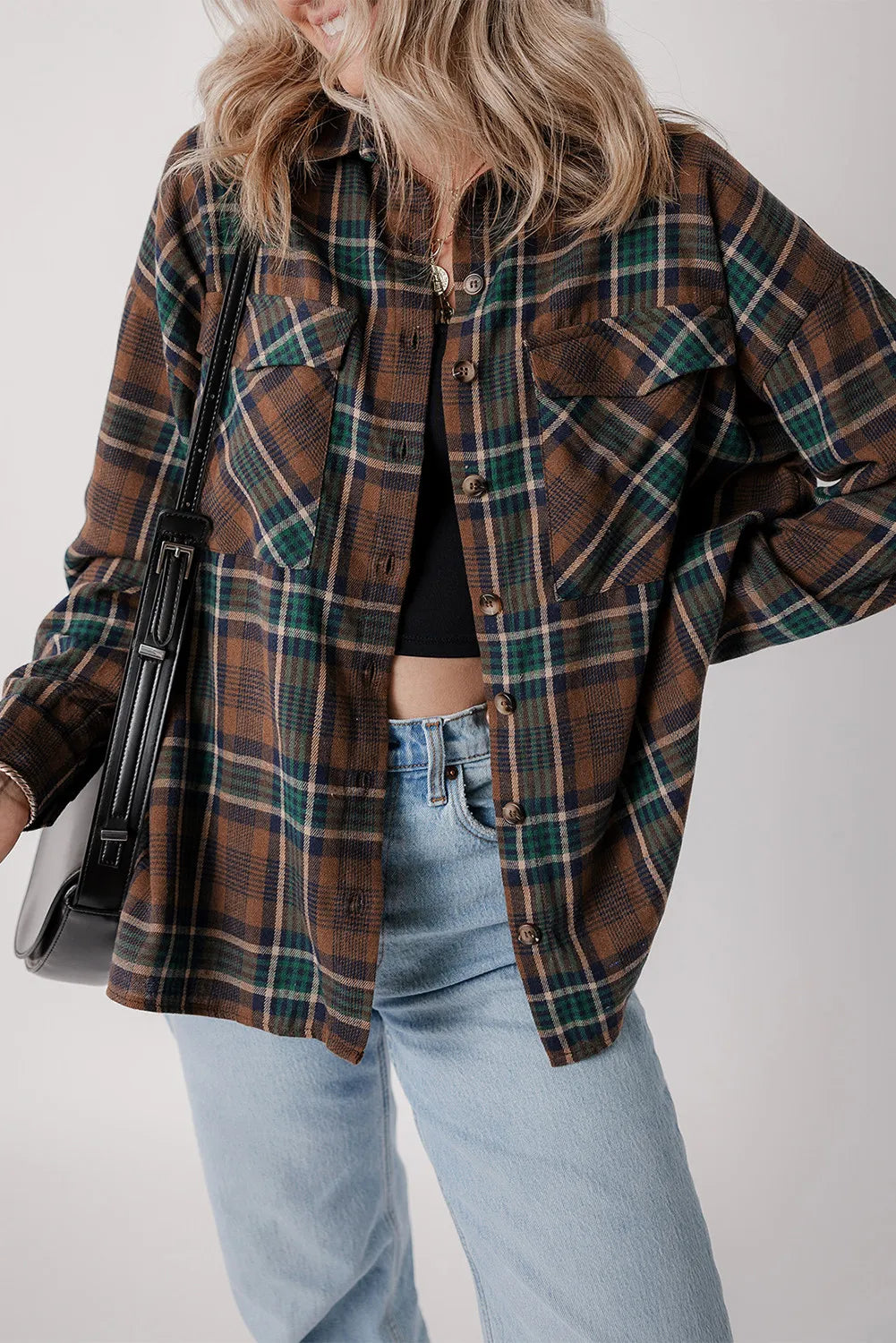 Plaid Button Up Long Sleeve Jacket-Angel Casuals