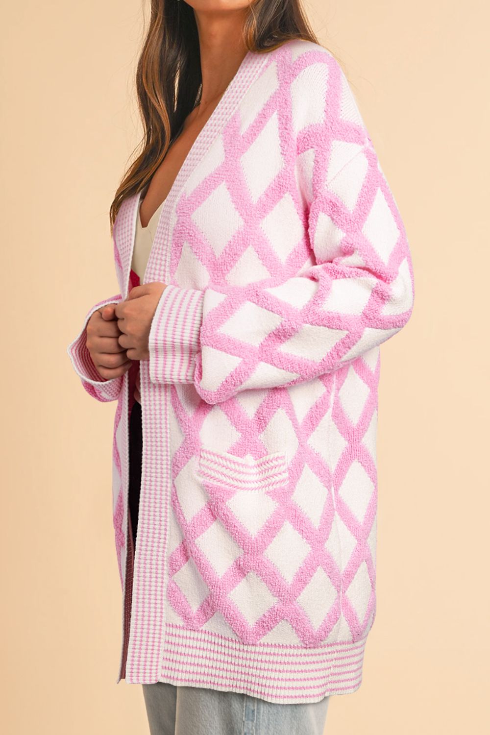 Geometric Open Front Long Sleeve Cardigan-Angel Casuals