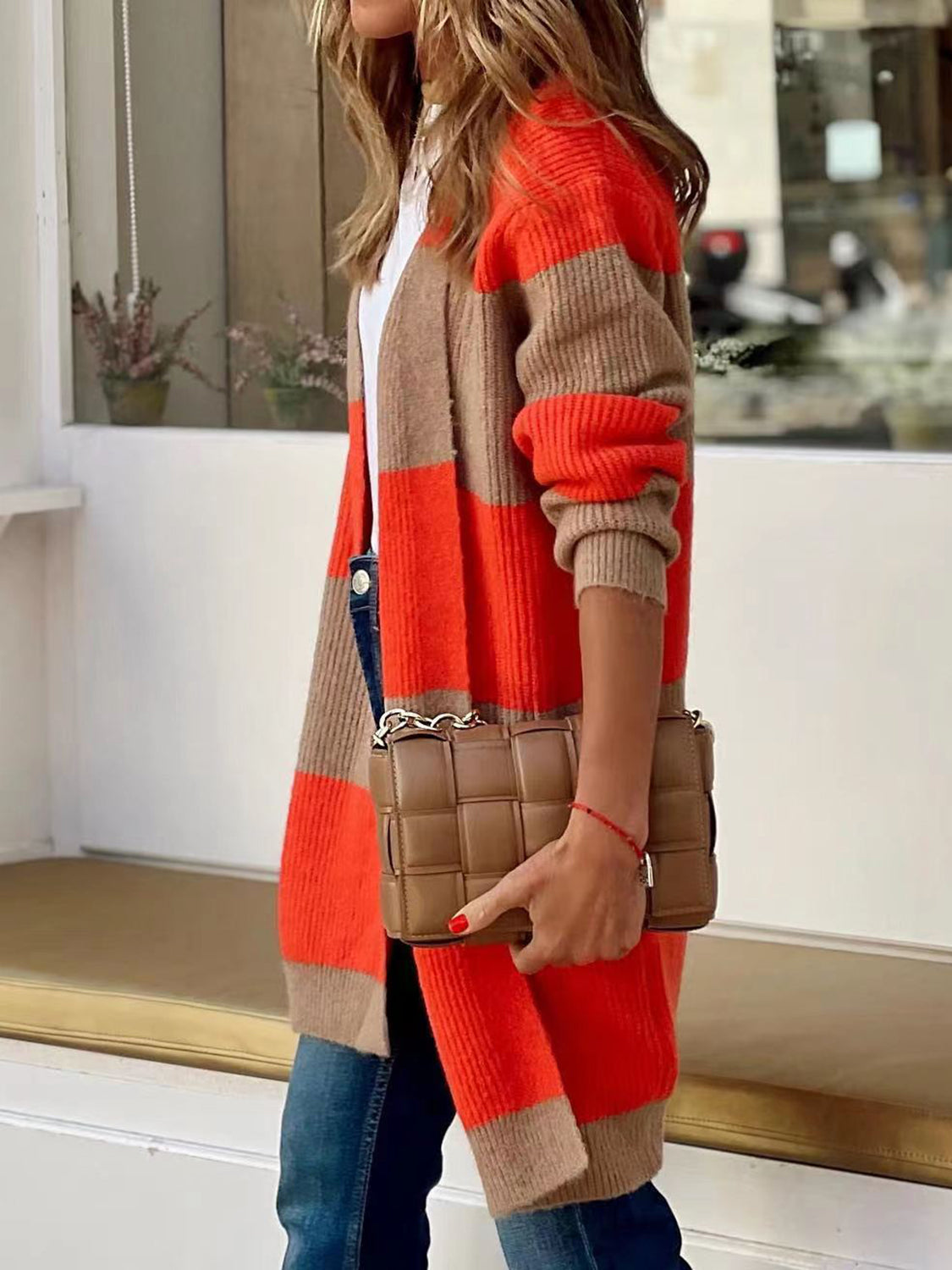 Contrast Open Front Long Sleeve Cardigan-Angel Casuals