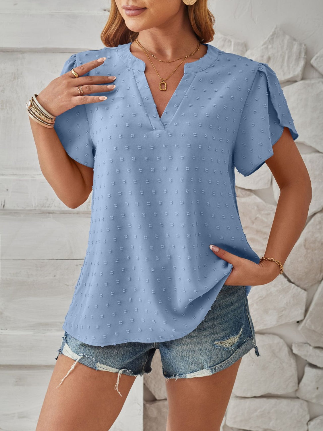 Swiss Dot Notched Petal Sleeve T-Shirt-Angel Casuals