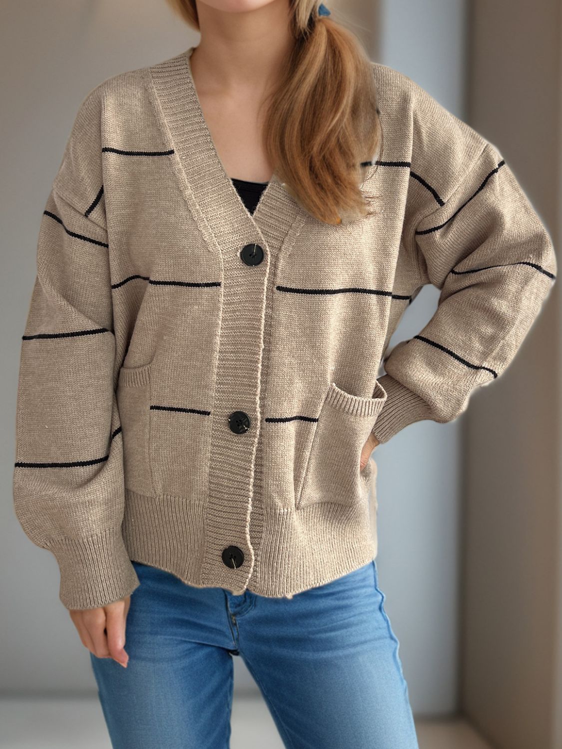 Striped Button Down V-Neck Long Sleeve Cardigan-Angel Casuals