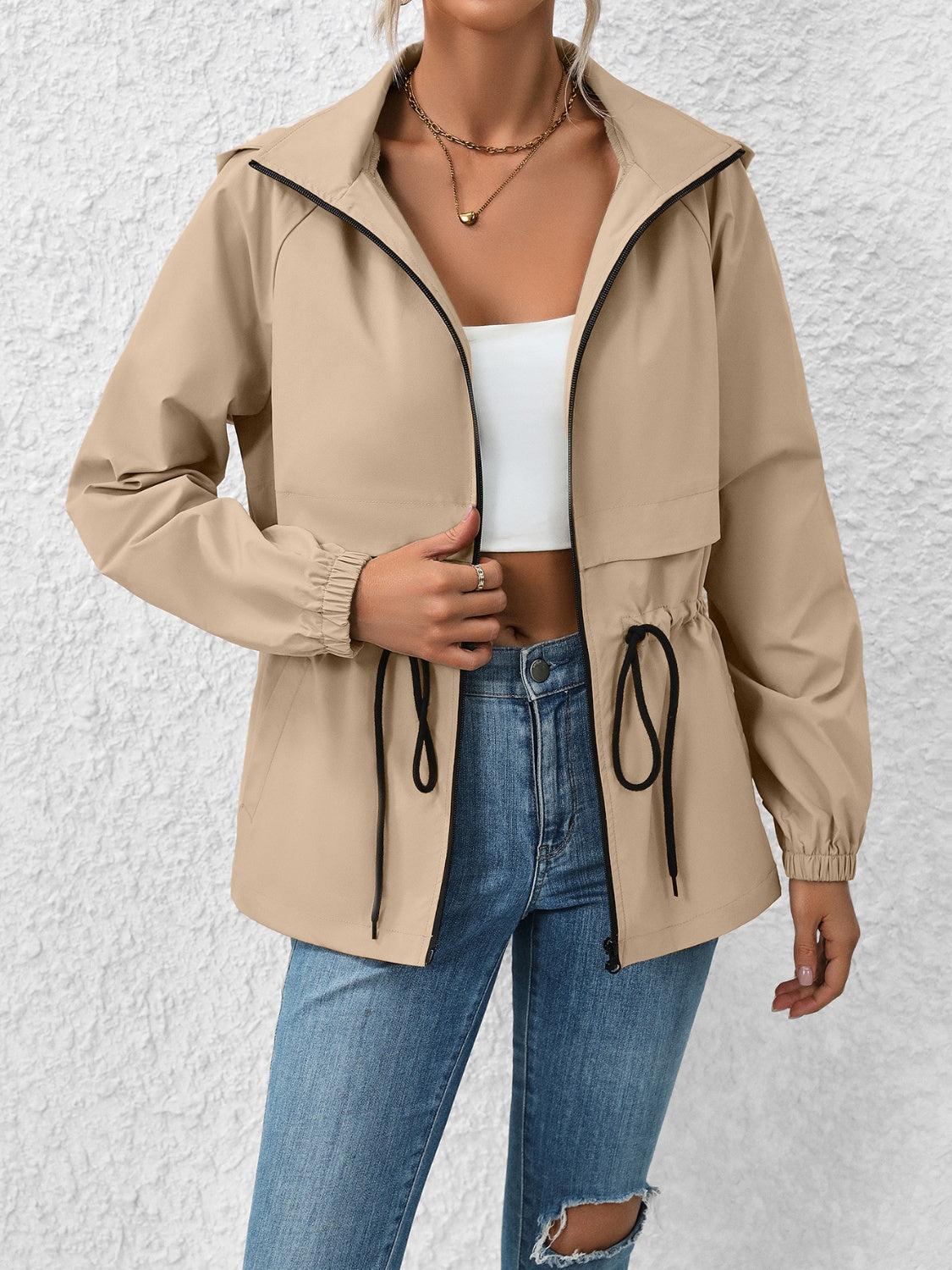 Ivy Lane Drawstring Zip Up Hooded Jacket-Angel Casuals