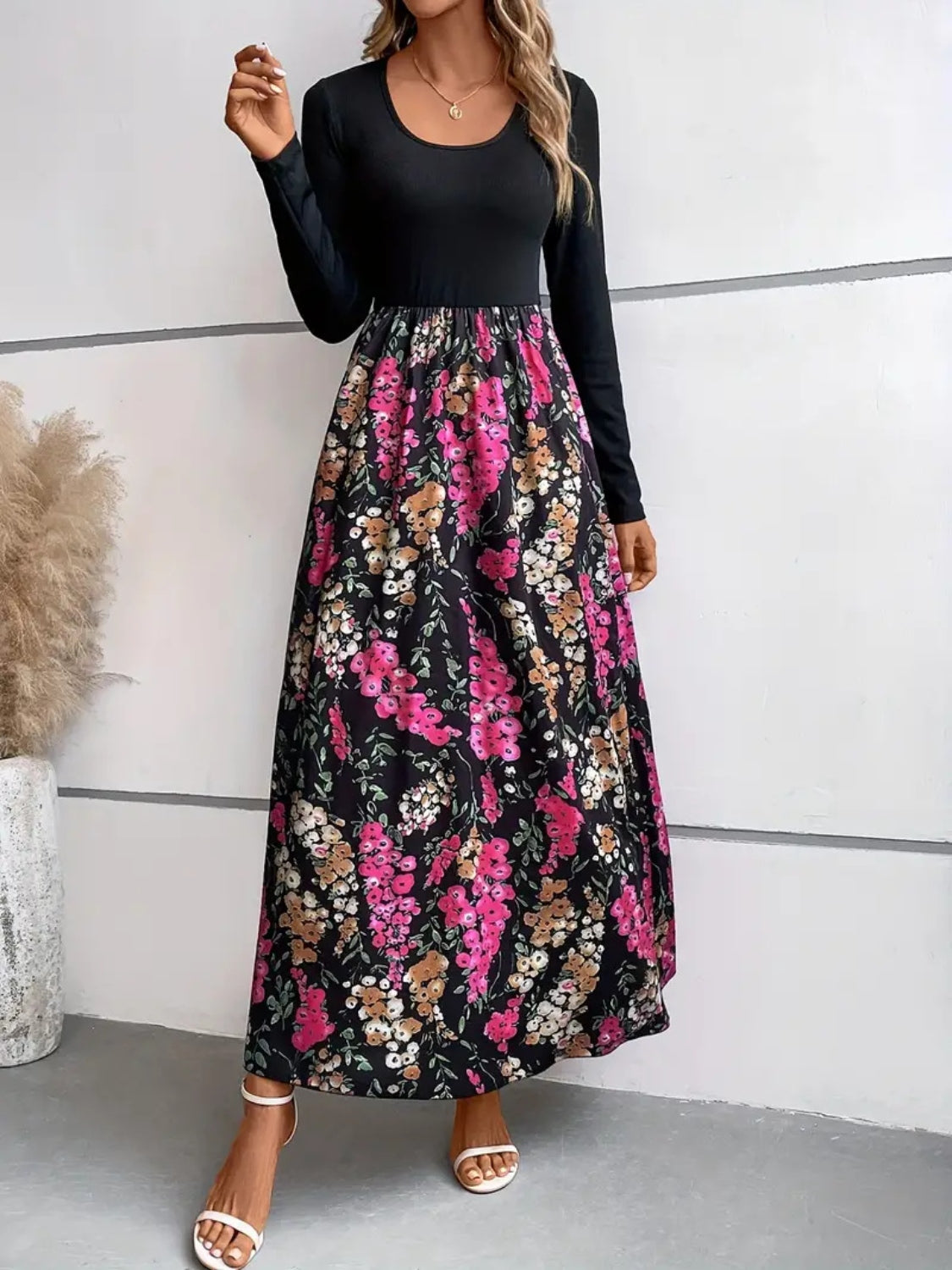 Floral Round Neck Long Sleeve Maxi Dress-Angel Casuals