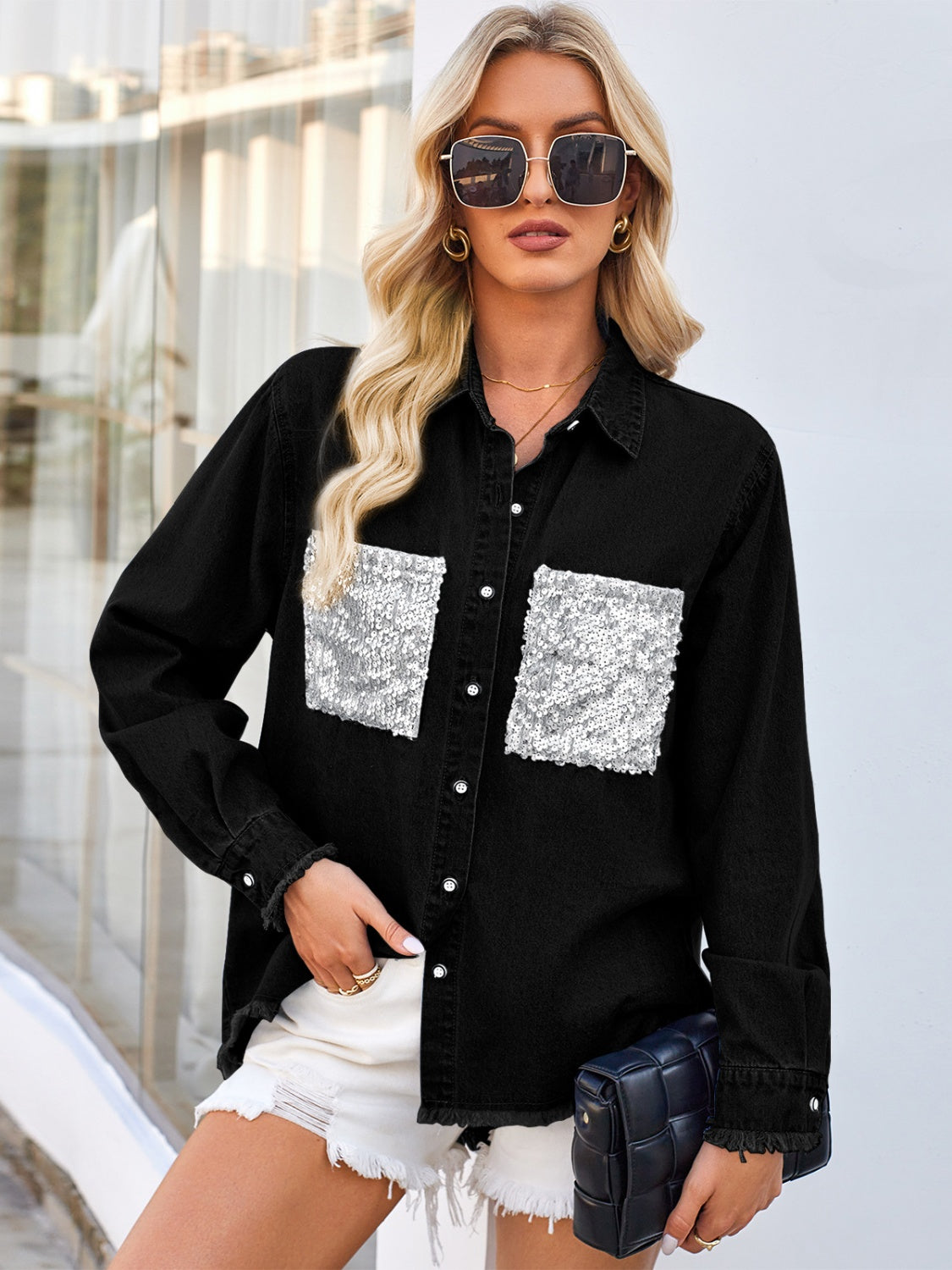 Raw Hem Button Up Long Sleeve Denim Jacket with Sequin Pockets-Angel Casuals