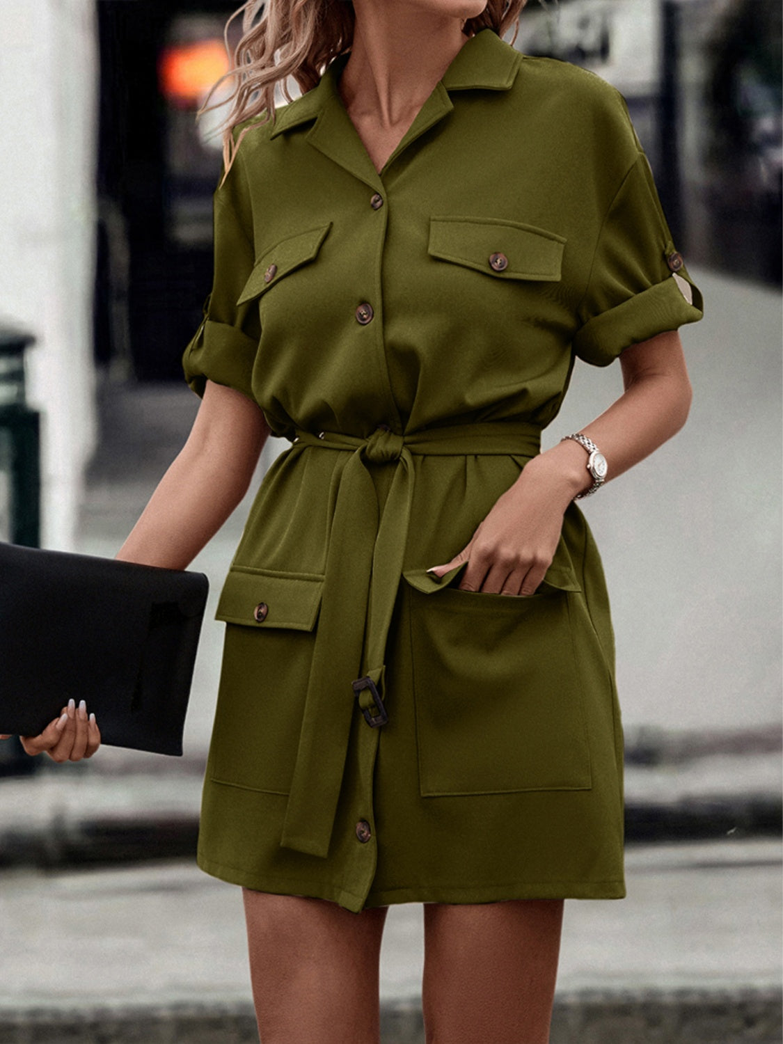 Tie Waist Collared Dress-Angel Casuals
