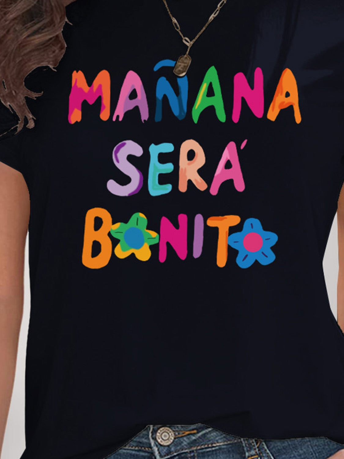 Letter Graphic Round Neck Short Sleeve T-Shirt-Angel Casuals