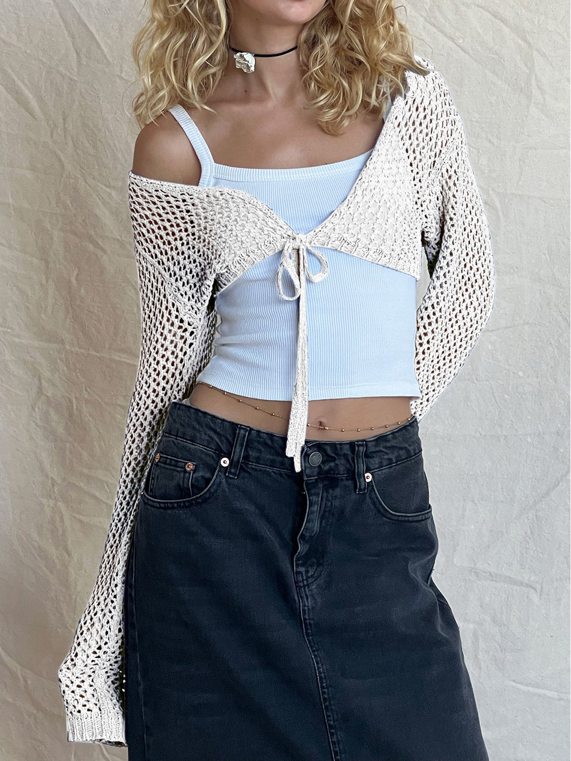 Openwork Tied Dropped Shoulder Cardigan-Angel Casuals