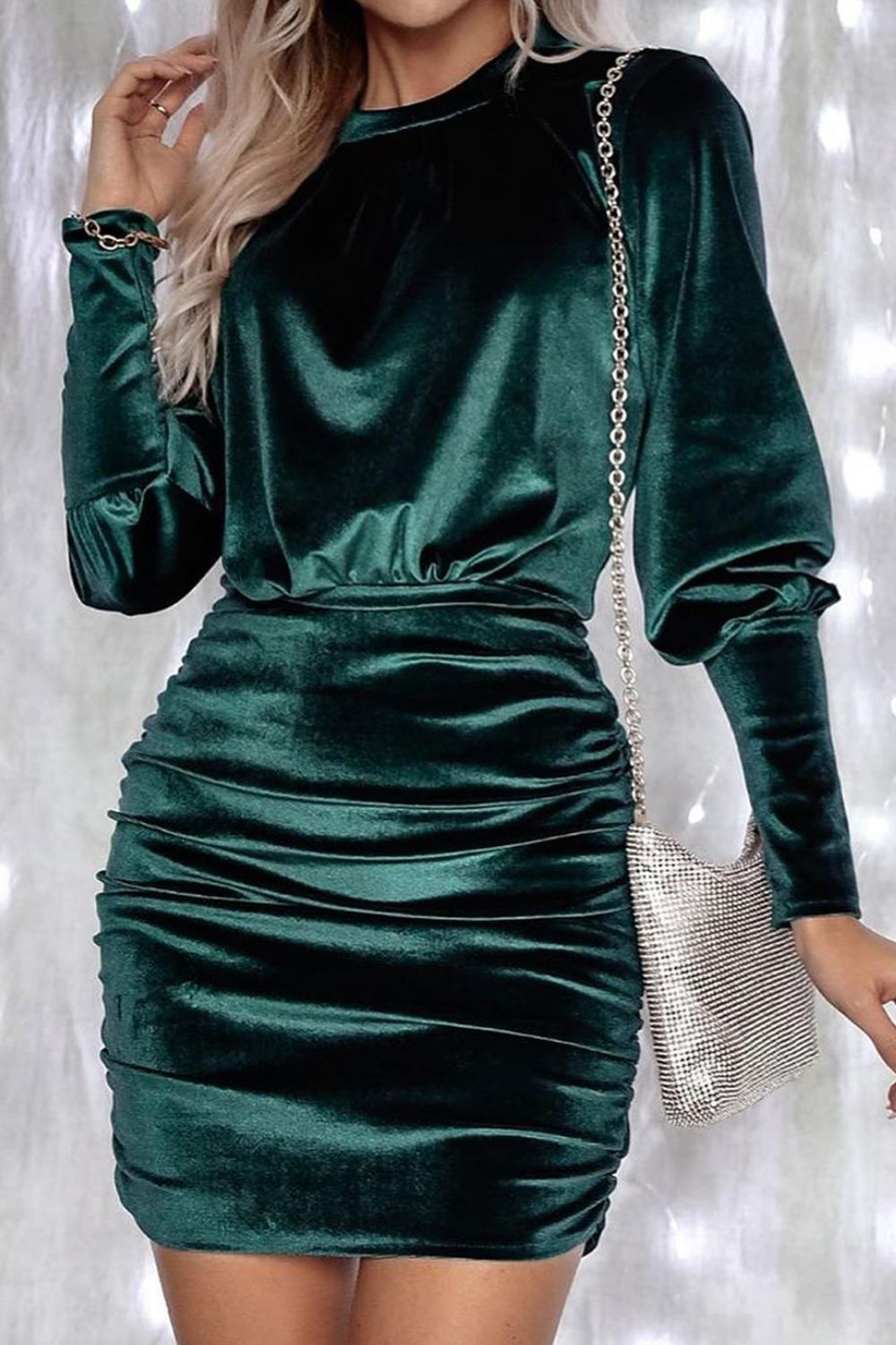 Ruched Round Neck Lantern Sleeve Mini Dress-Angel Casuals