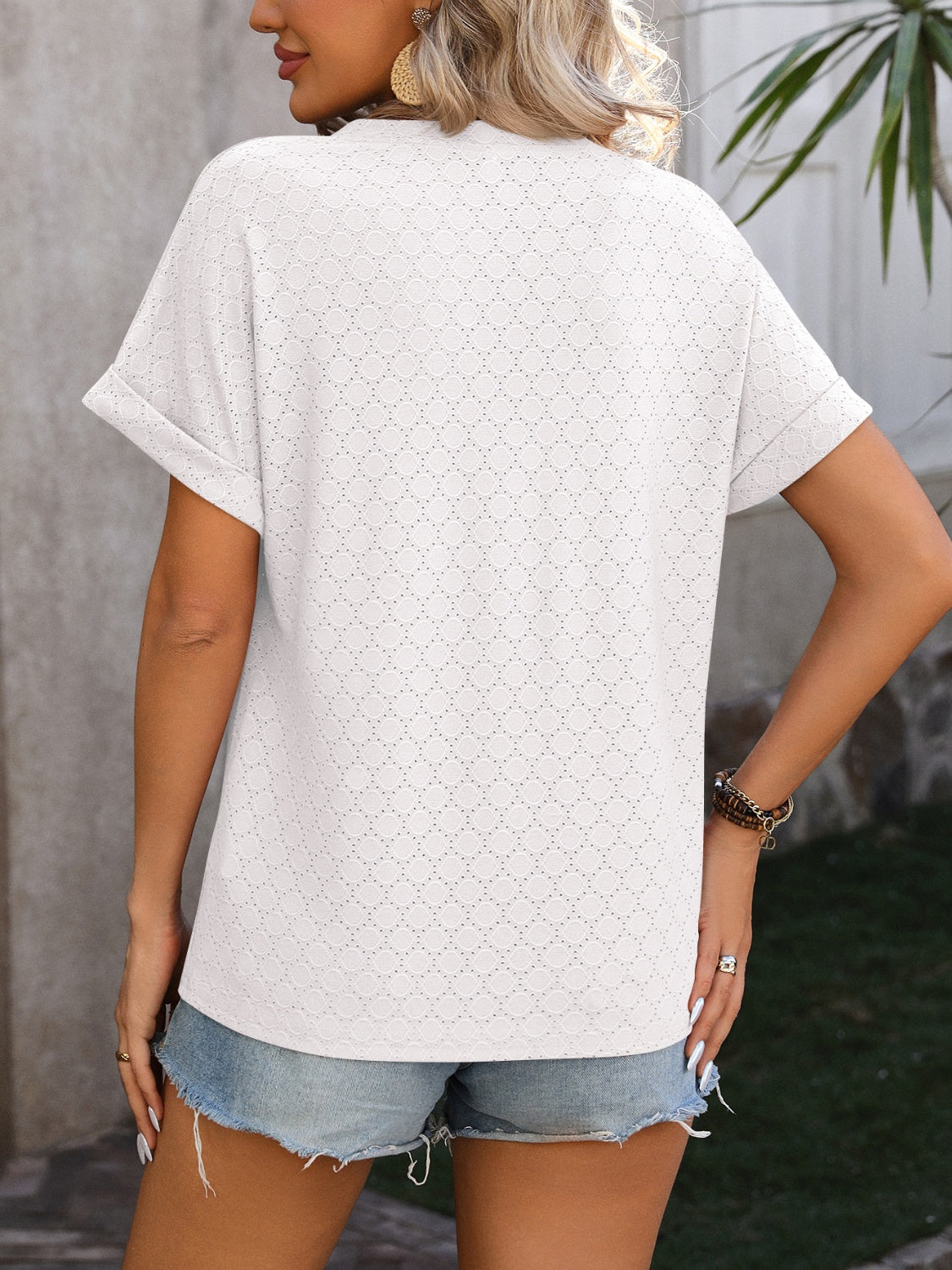 Eyelet Notched Short Sleeve T-Shirt-Angel Casuals