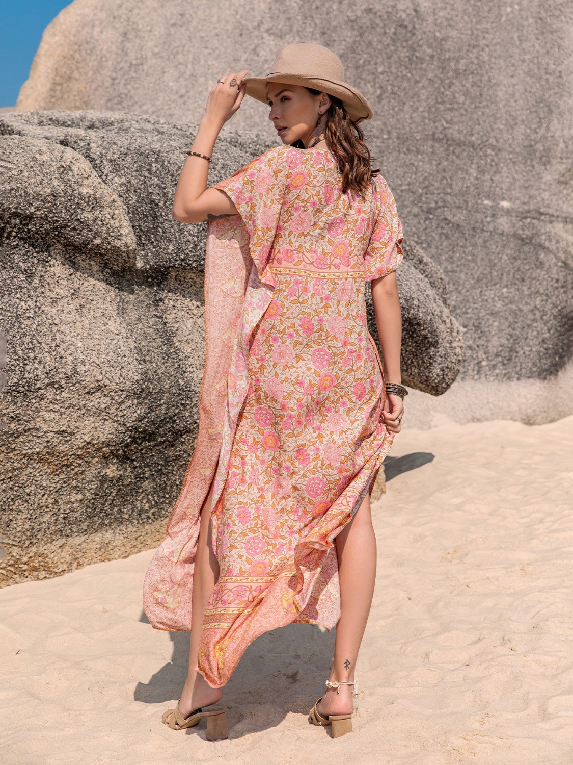Printed Tie Neck Short Sleeve Dress-Angel Casuals
