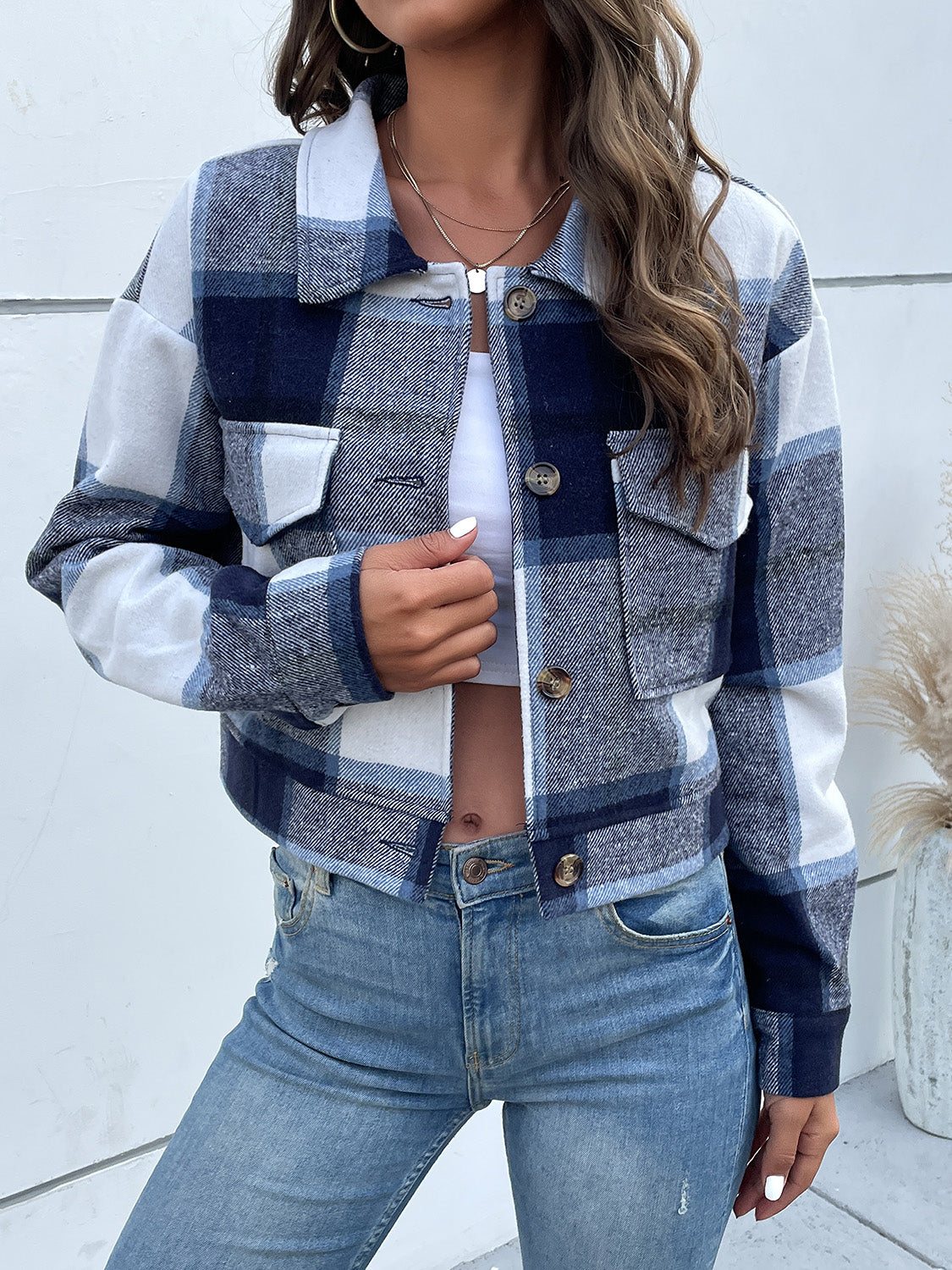 Perfee Plaid Button Up Drop Shoulder Cropped Jacket-Angel Casuals
